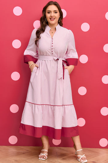 Red Stripe Plus Size Ruffled Hem Pinstriped Midi Dress