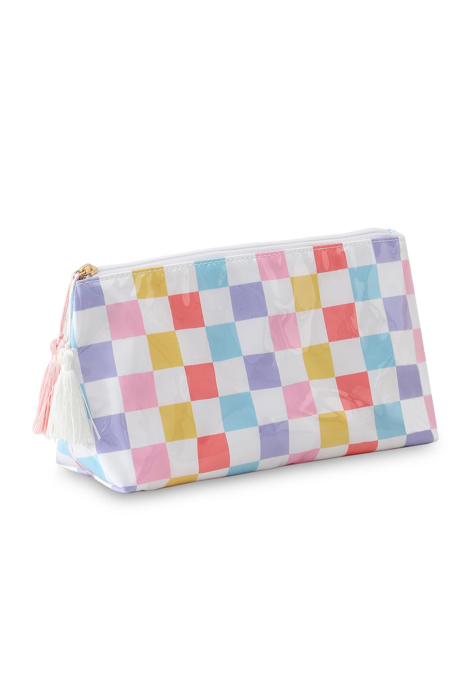 Red Checkered Vinyl Waterproof Tassel Zipper Makeup Bag