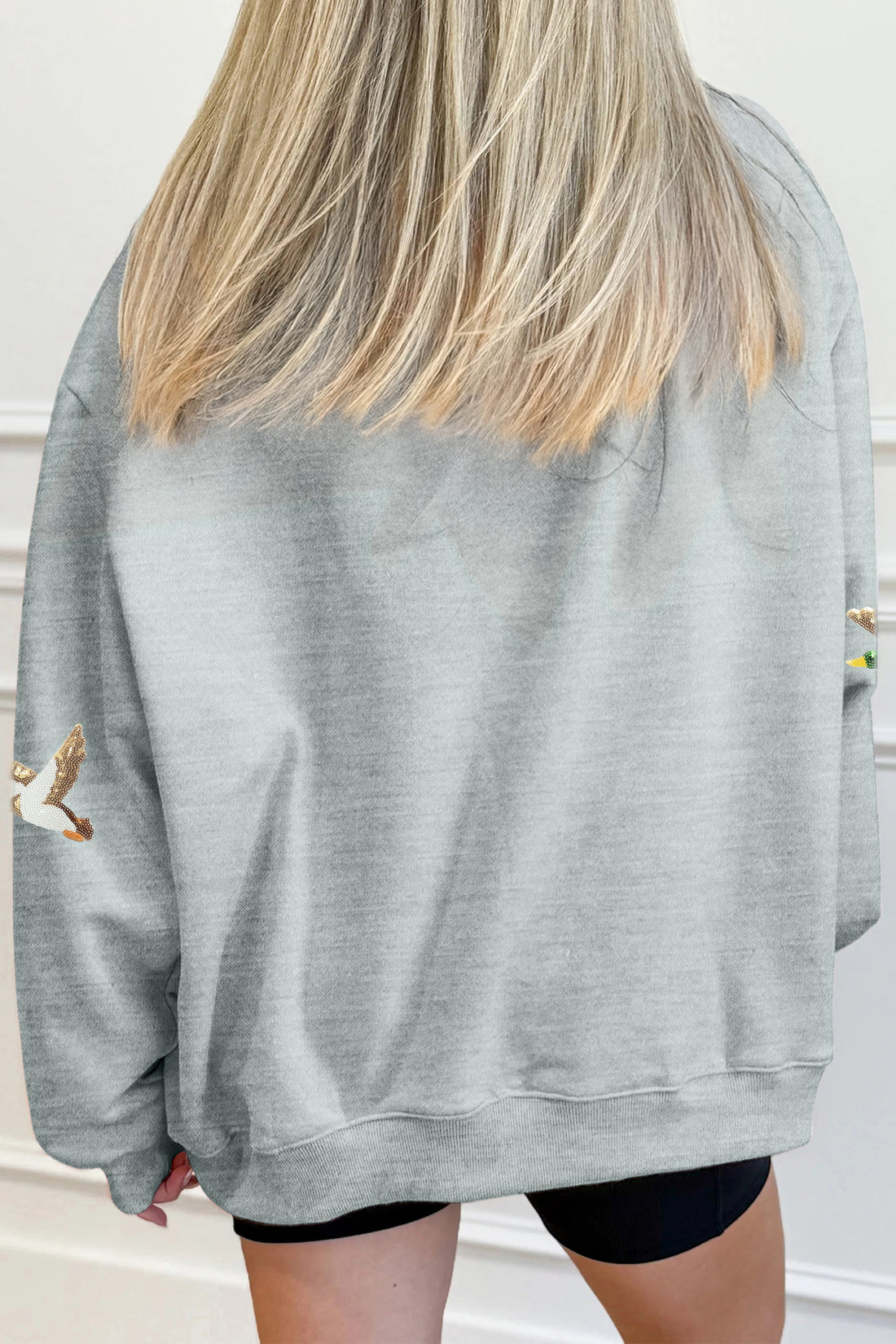 Gray Sequin Mallard Graphic Mock Neck Baggy Pullover Sweatshirt