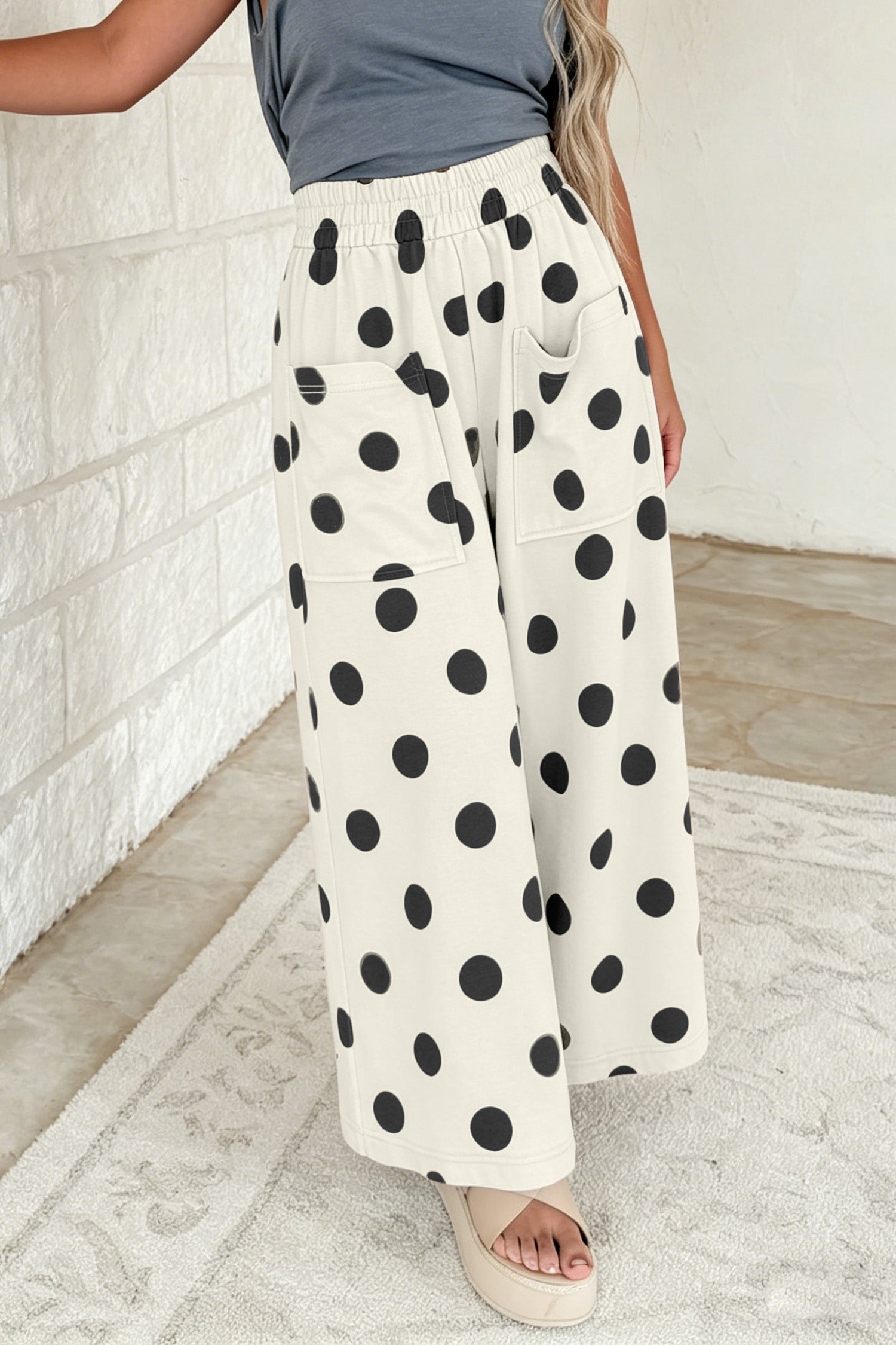 Beige Polka Dot Wide Leg Elastic Waist Casual Pants