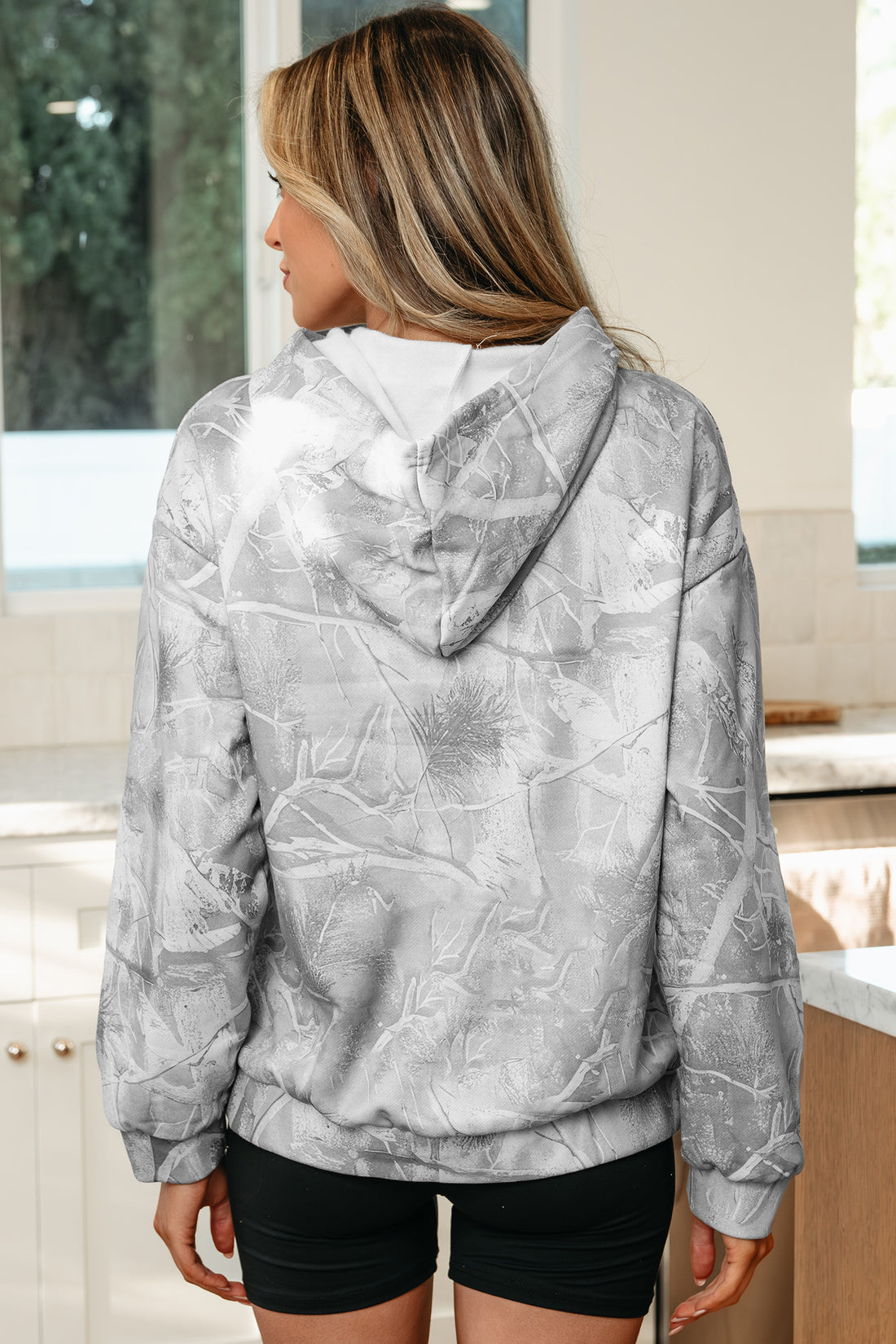 Gray Camouflage Woodland Print Oversized Sporty Hoodie