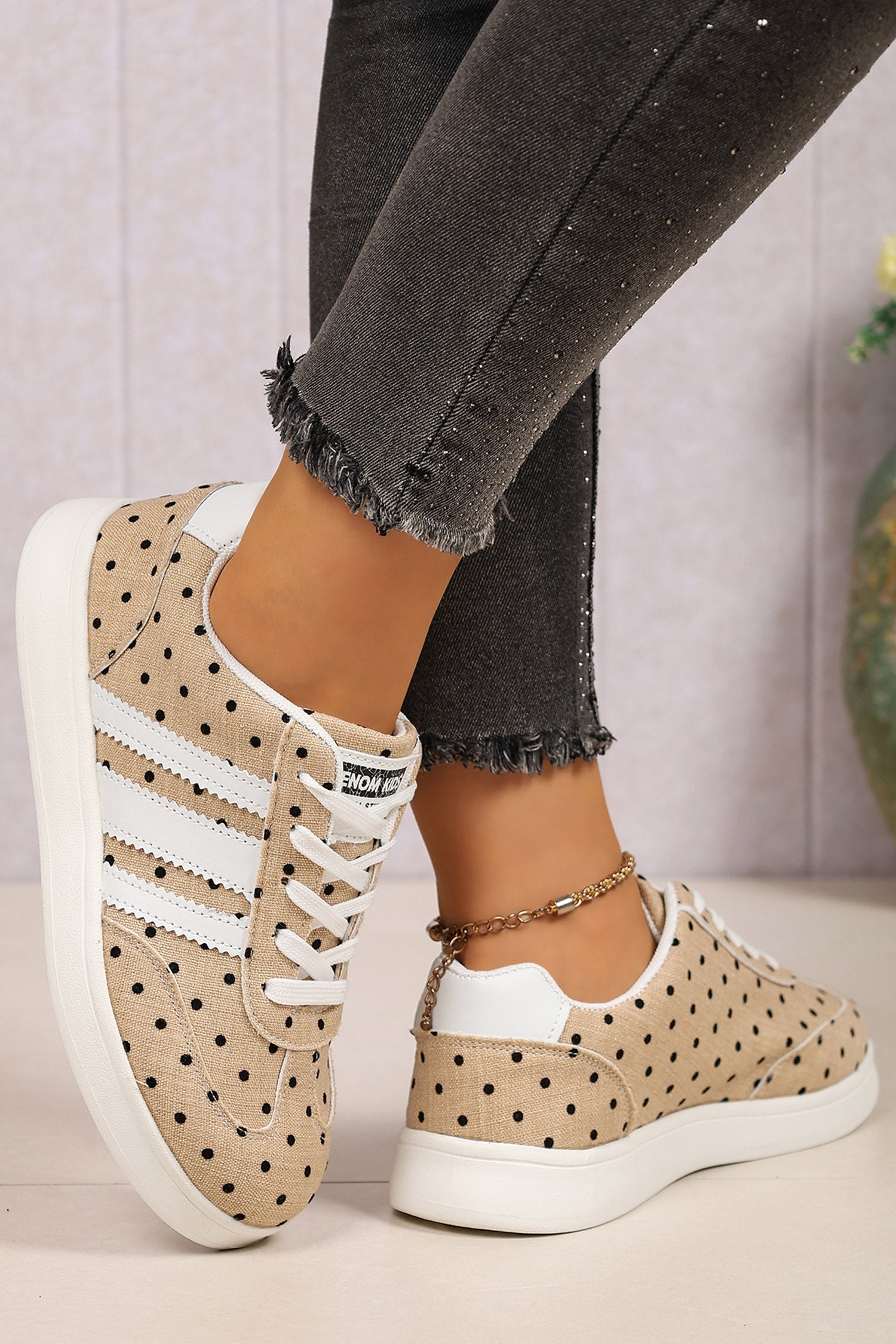 Camel Polka Dot Print PU Leather Detail Lace Up Casual Shoes