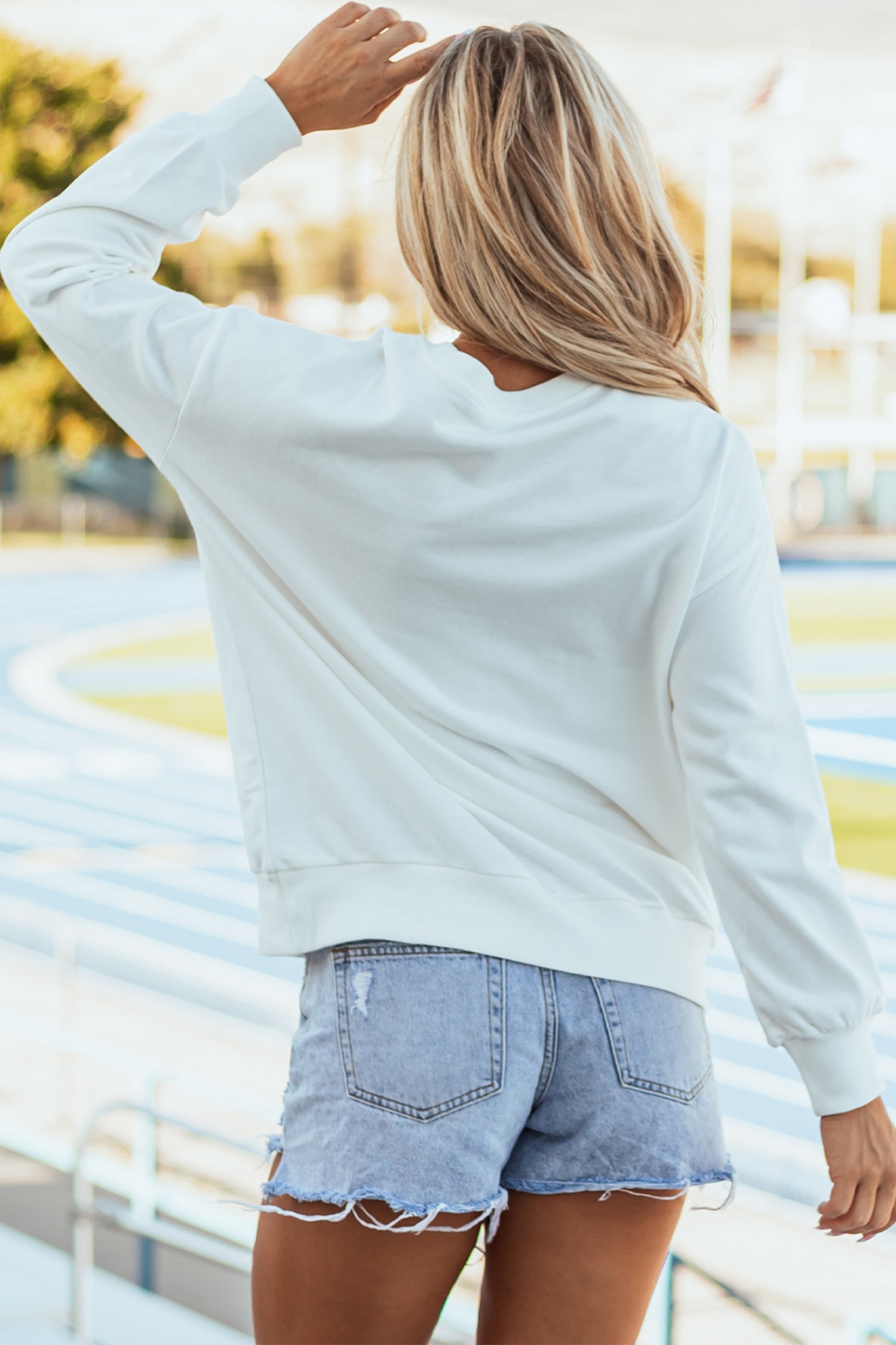 White Mallard Embroidered Detail Relaxed Pullover Sweatshirt