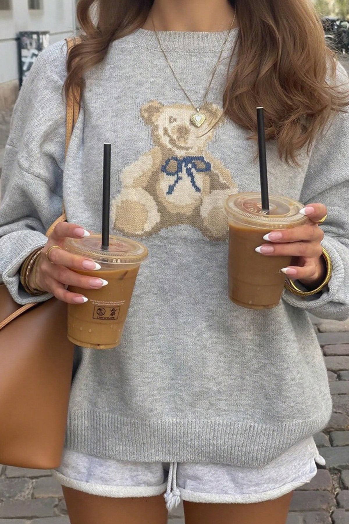 Light Grey Casual Teddy Bear Print Dropped Shoulder Relaxed Pullover Sweater