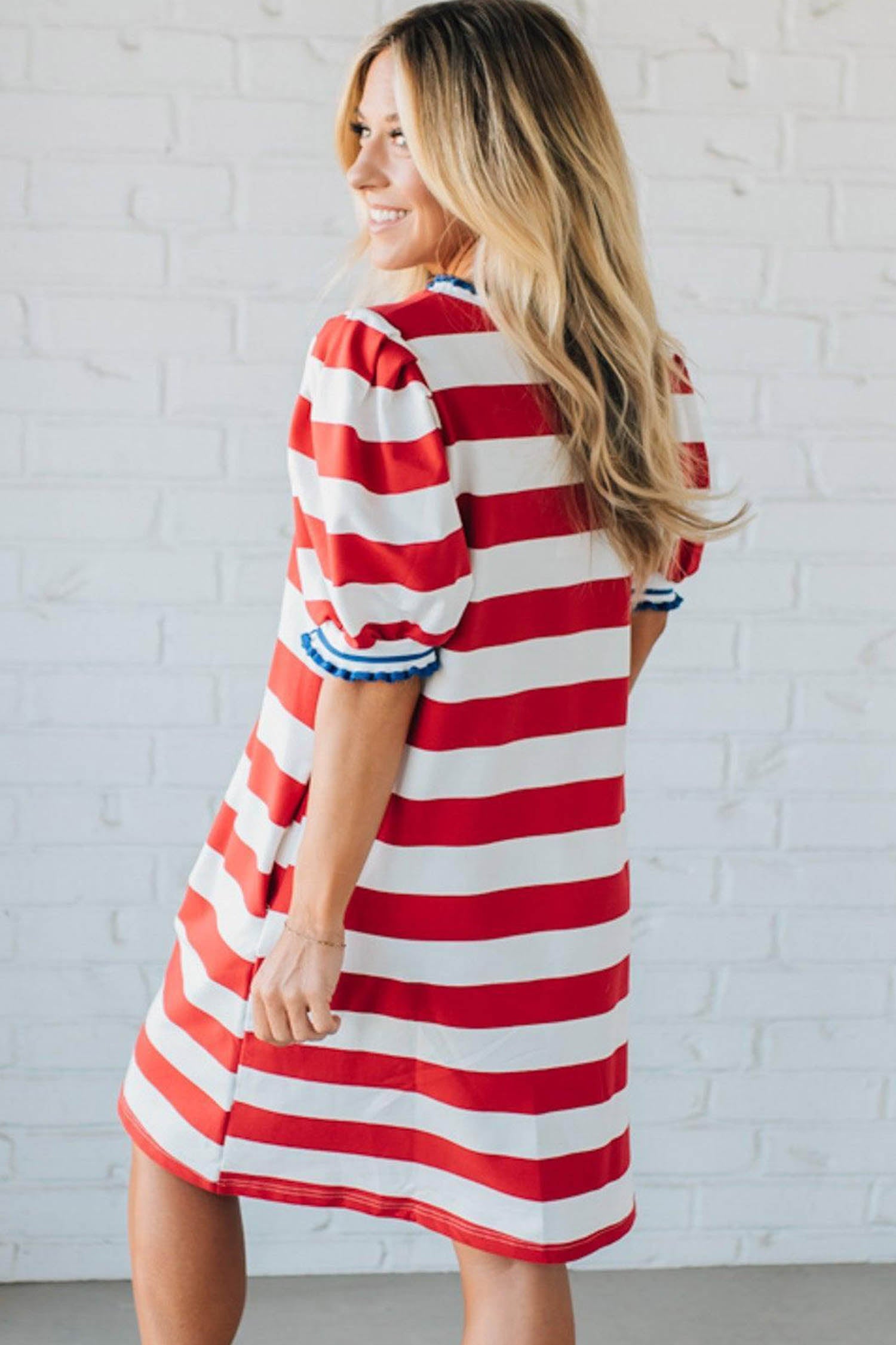 Red Stripe Patriotic Sequin Flowers Short Puff Sleeve T Shirt Shift Dress