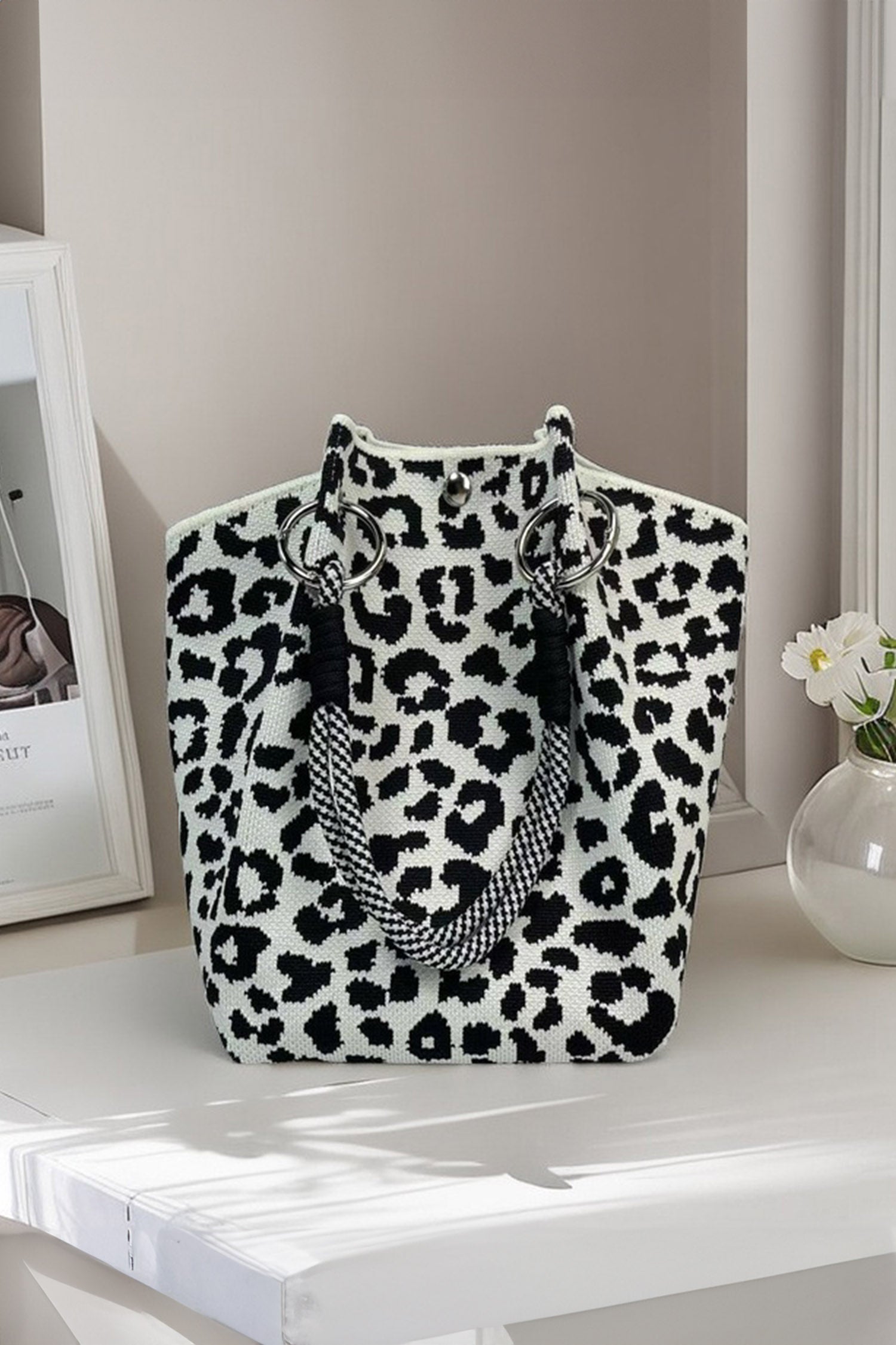 White Leopard Print Polyester Woven Thick Handle Tote Bag