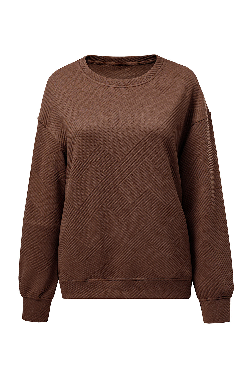 Coffee Solid Color Textured Round Neck Drop Shoulder Pullover Sweatshirt