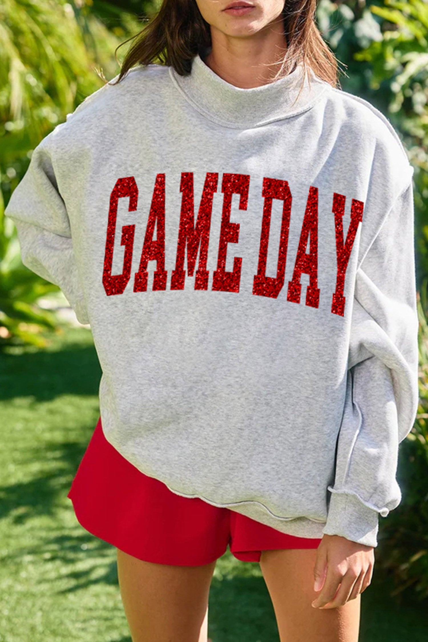 Light Grey Glitter Letter Game Day Mock Neck Casual Graphic Sweatshirt