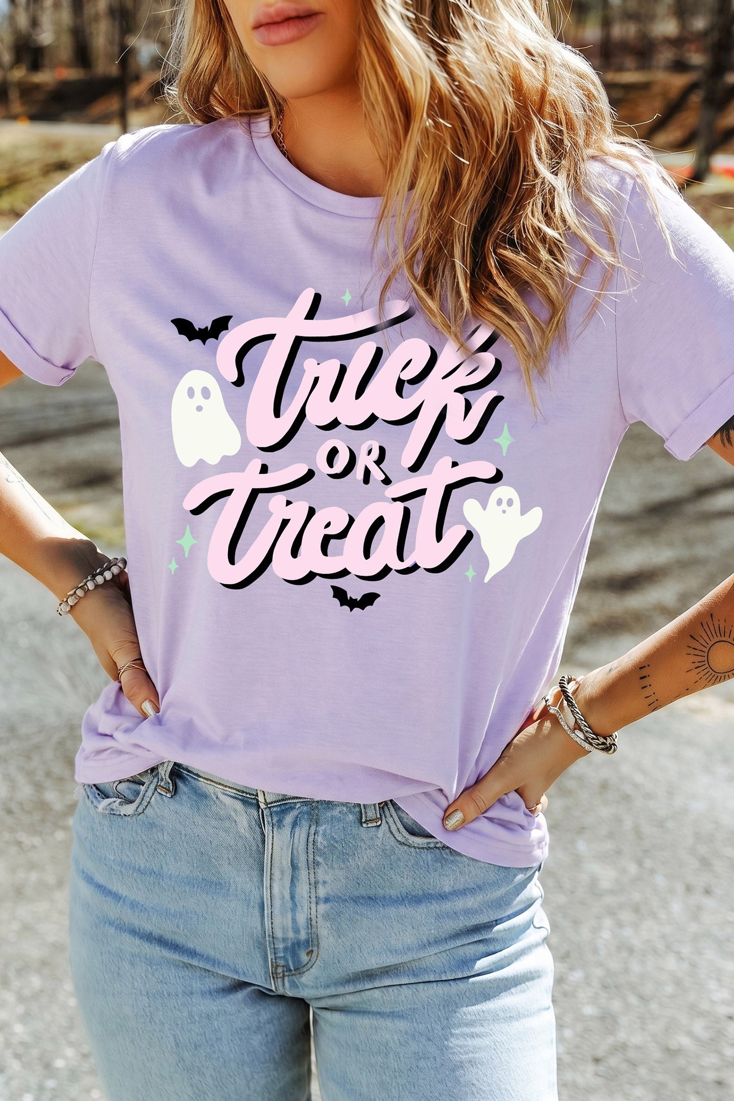 Orchid Petal Halloween Trick or Treat Slogan Graphic Round Neck T-Shirt