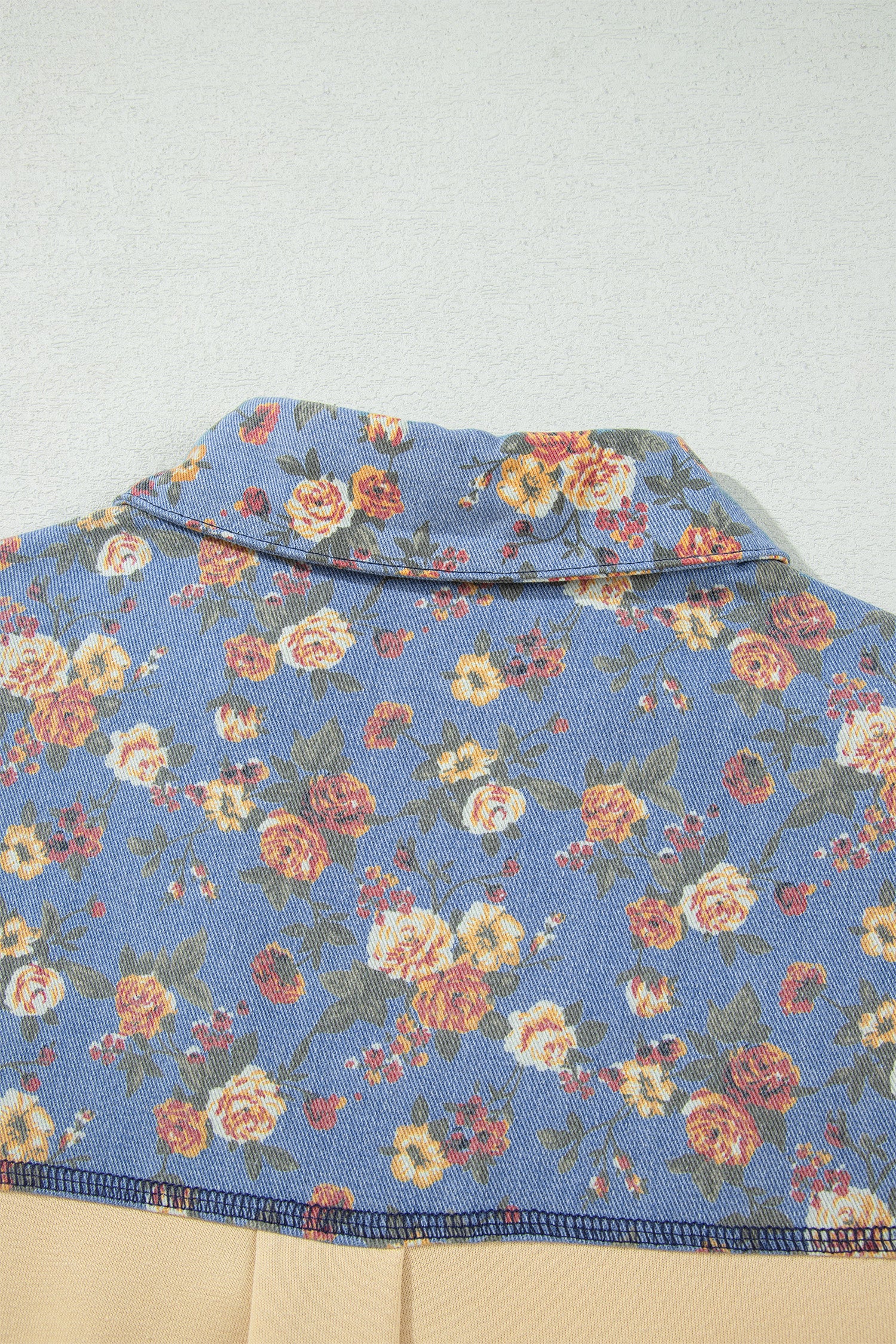Apricot Floral Denim Patchwork Collar V Neck Long Sleeve Pullover Top