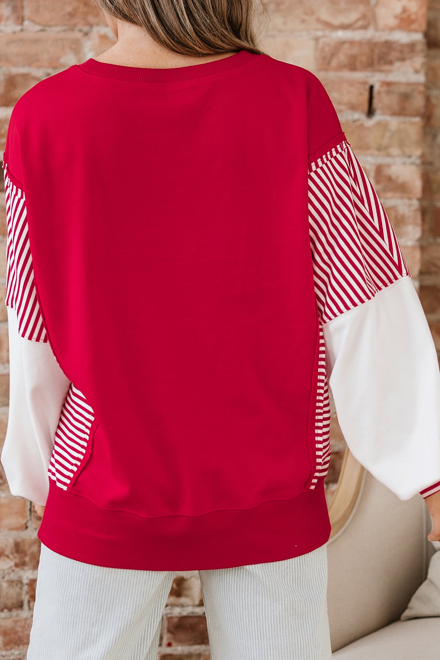 Fiery Red Sequin Rugby Bow Print Striped Color Block Sleeve Patchwork Graphic Sweatshirt