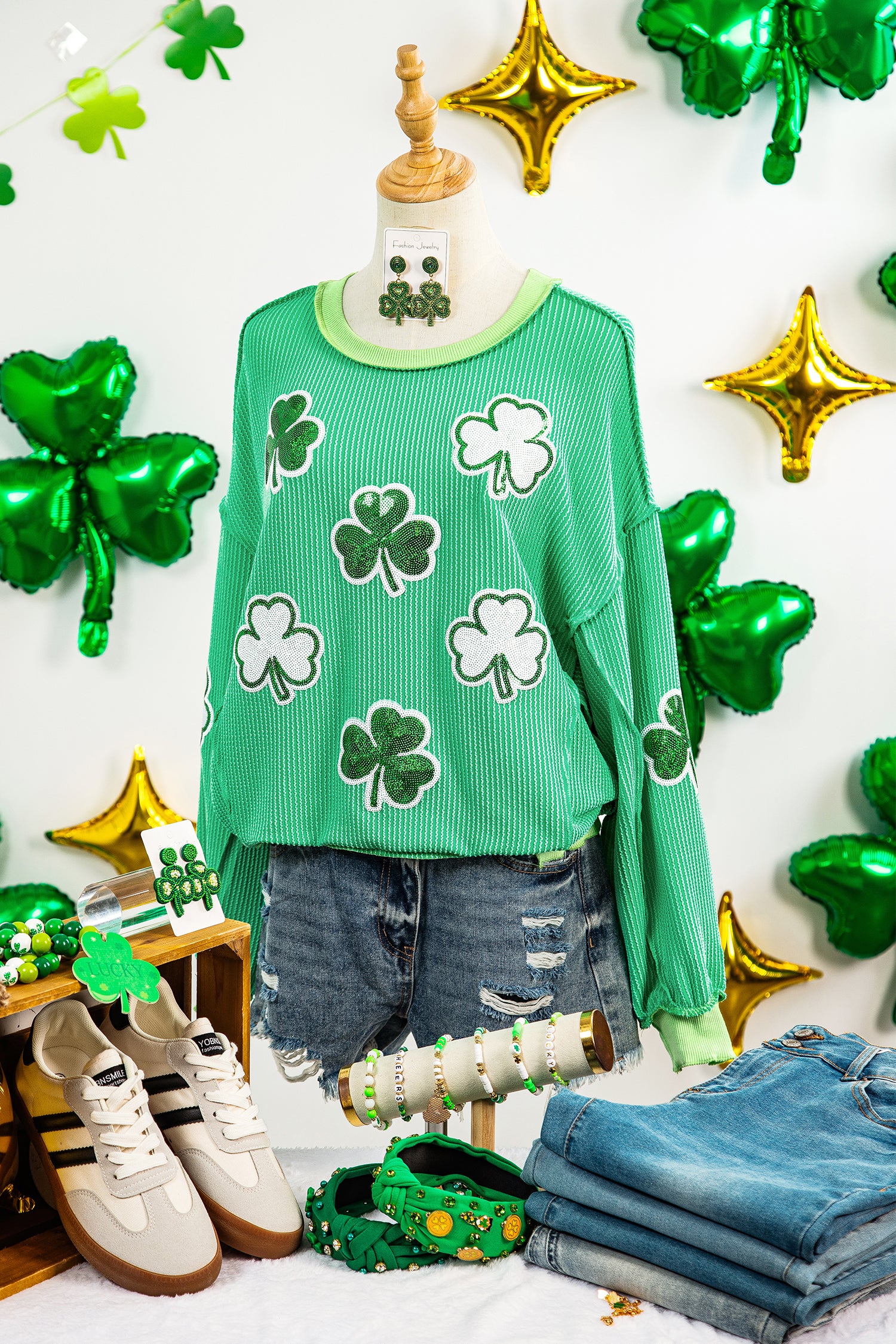 Bright Green Twisted Rib Sequin Clover Patched Color Block Detail Loose Pullover Top