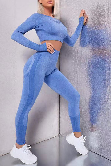 Sky Blue Solid Color Long Sleeve Crop Top Leggings Yoga Sports Set
