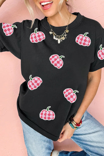 Black Sequin Plaid Pumpkin Graphic Round Neck T Shirt