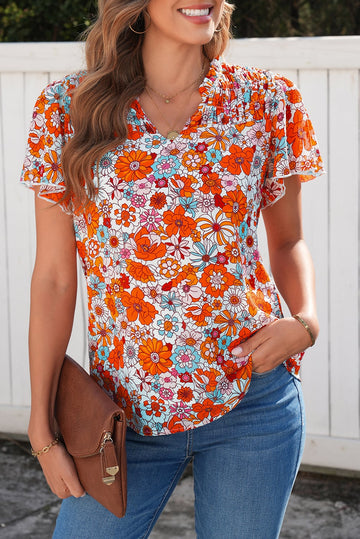 Orange Floral Print V Neck Pleated Ruffle Short Sleeve Blouse