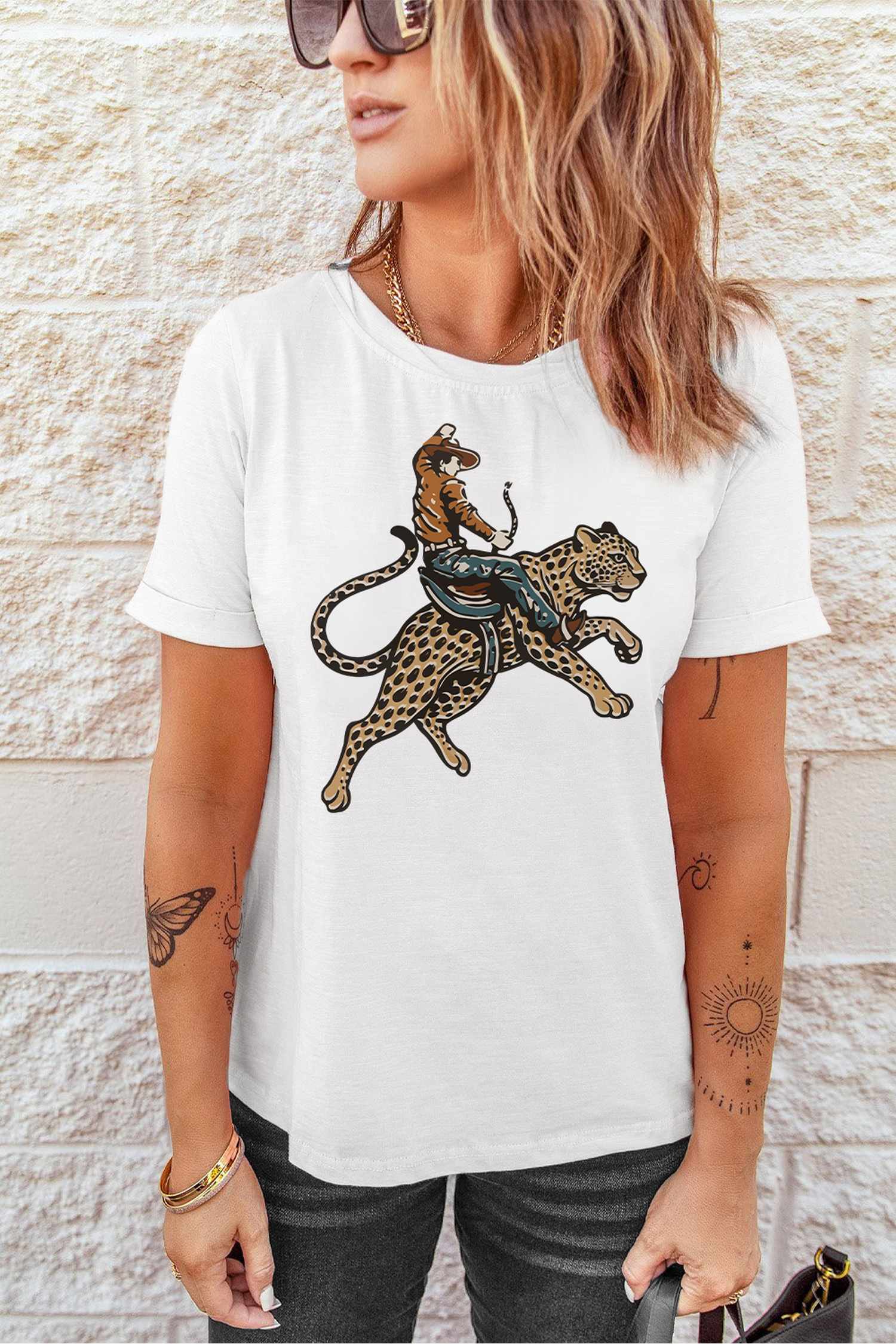White Riding A Cheetah Cowboy Graphic Round Neck Casual Tee
