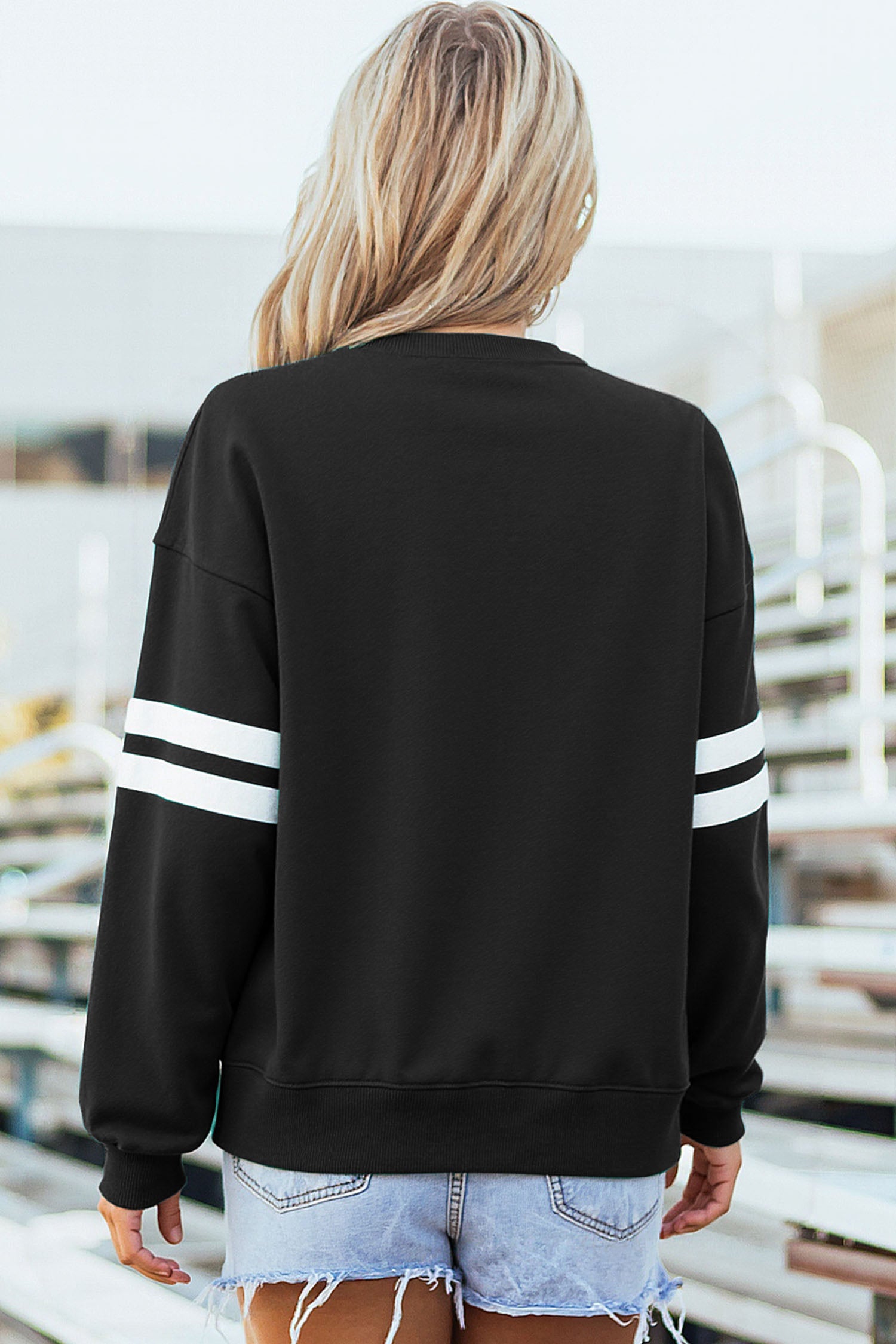 Black TEXAS Embroidered Trim Patched Graphic Oversized Varsity Sweatshirt
