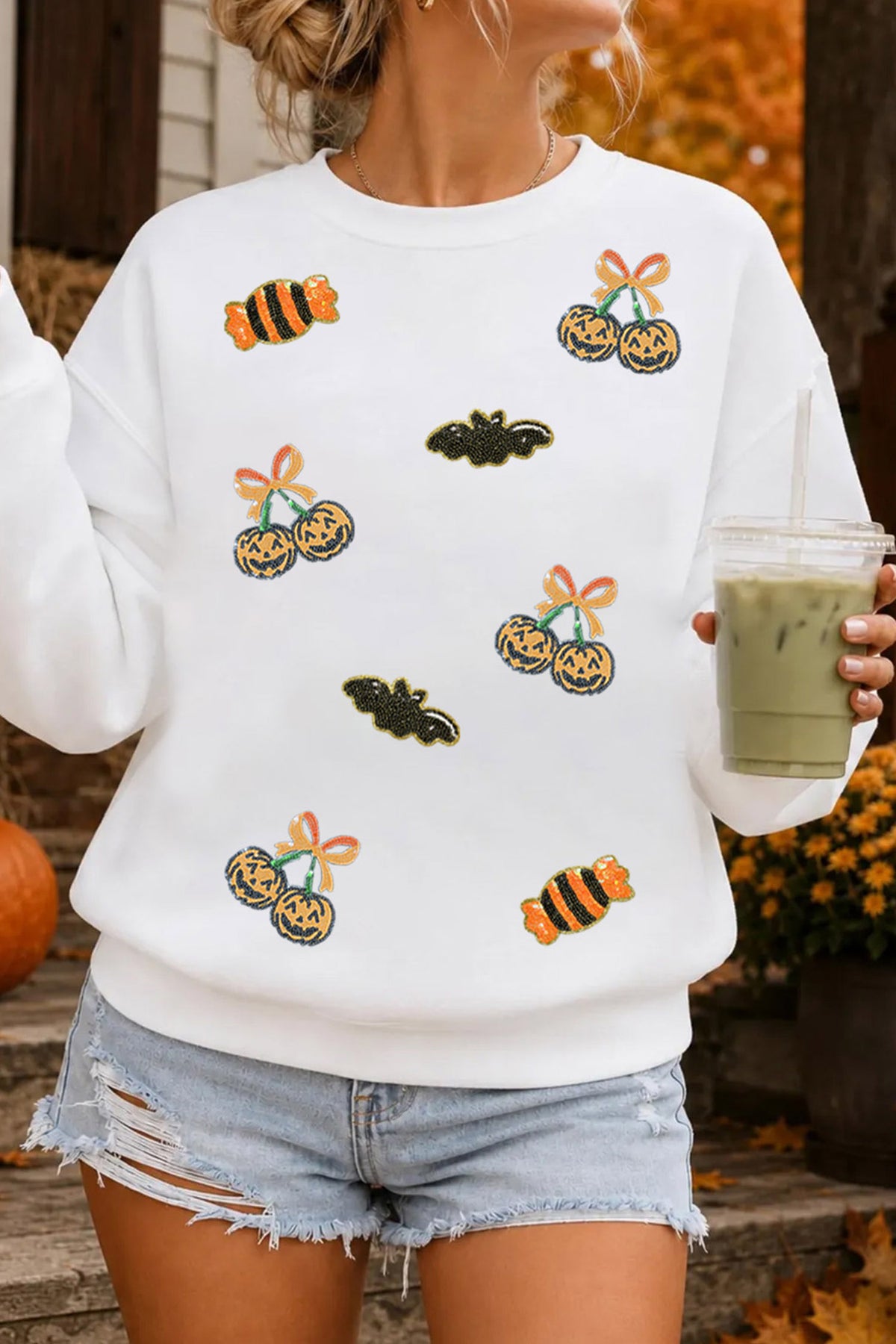 White Sequin Halloween Pattern Pullover Sweatshirt