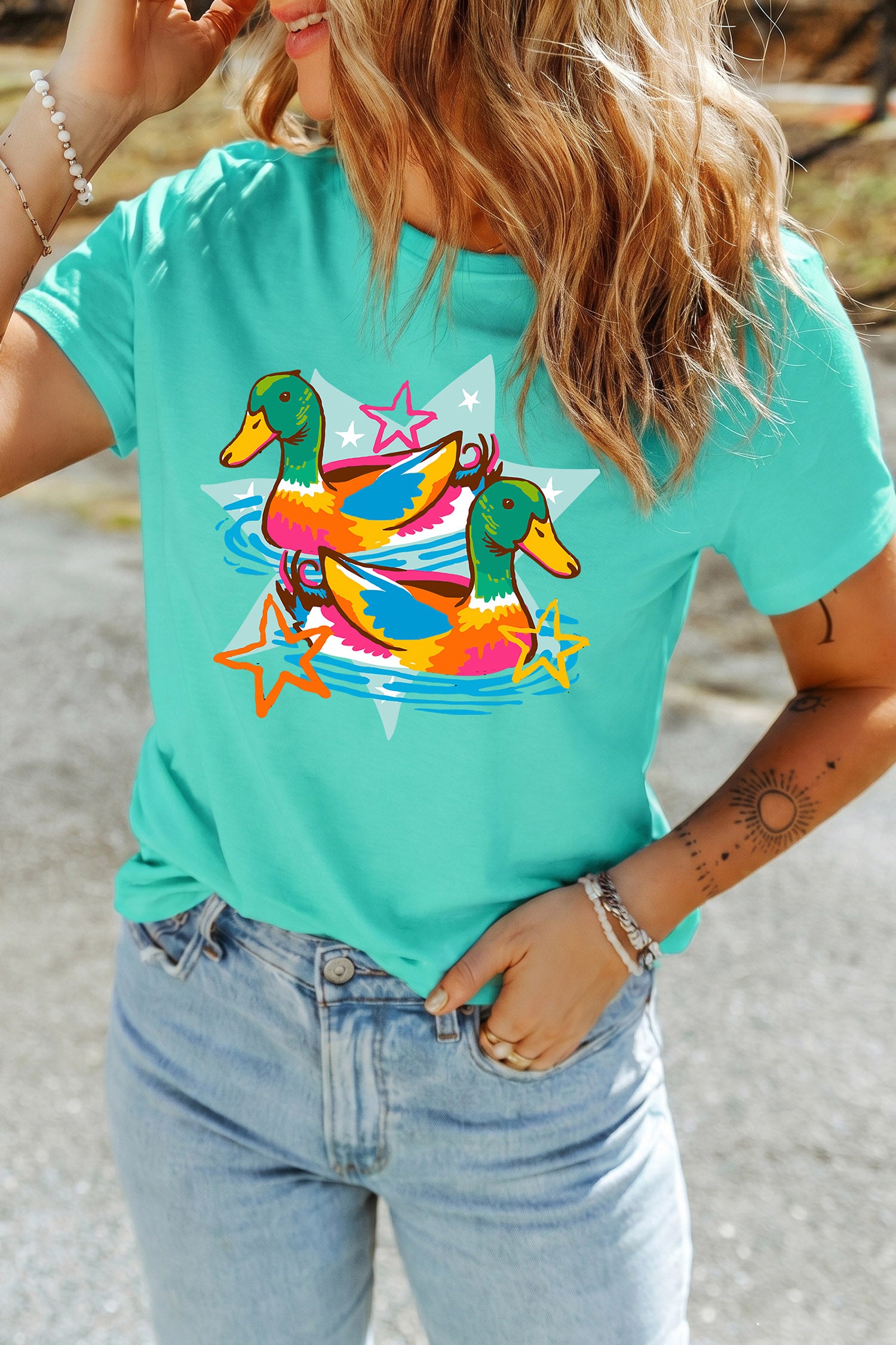 Mint Green Western Duck Graphic Casual Summer T Shirt