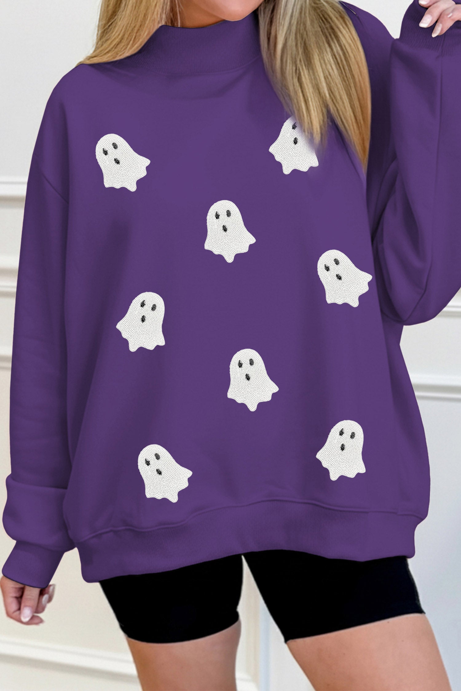Tillandsia Purple Halloween Sequined Ghost Print Mock Neck Graphic Sweatshirt