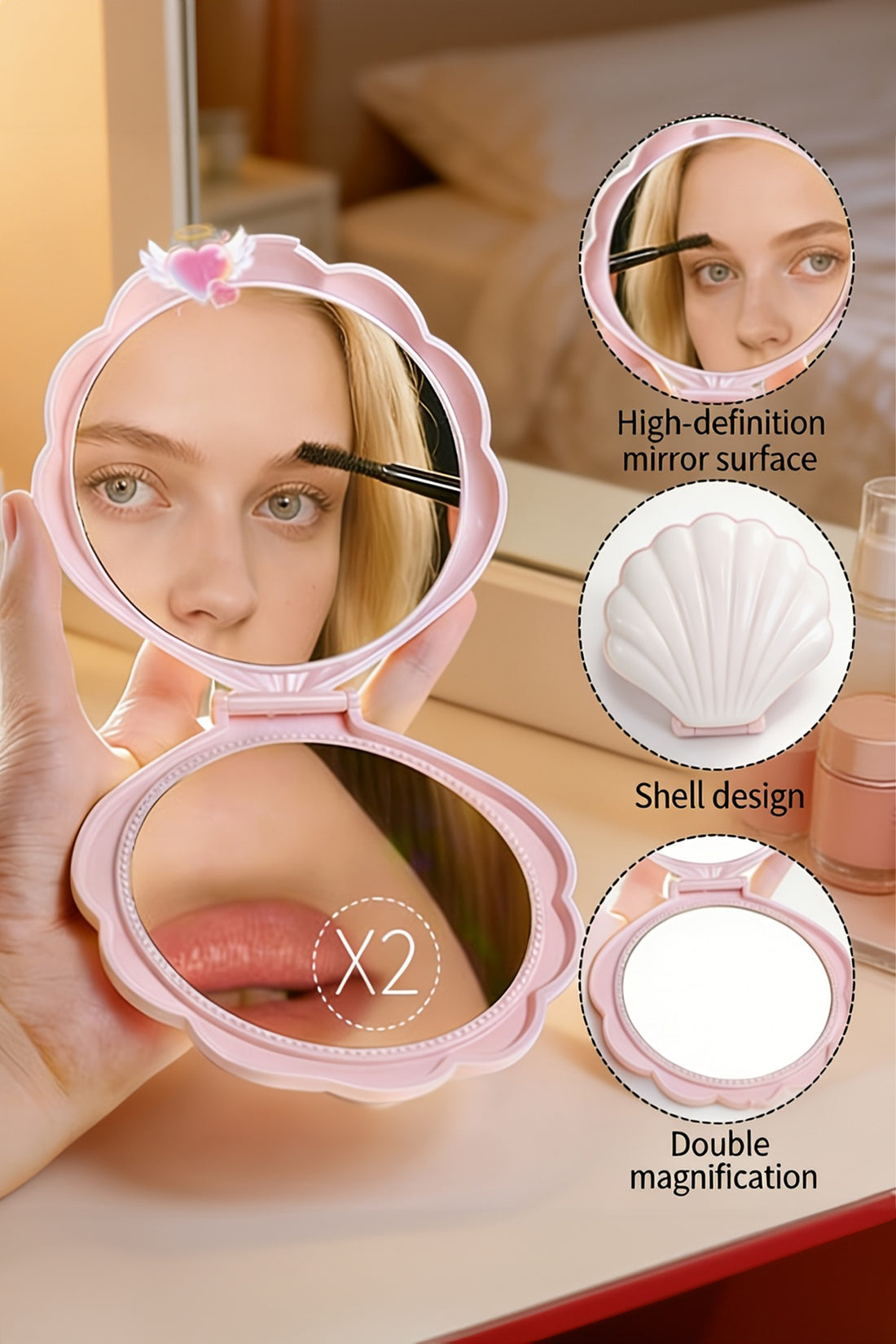 Pink Seashell Mermaid Core Double Sided Makeup Case Mirror