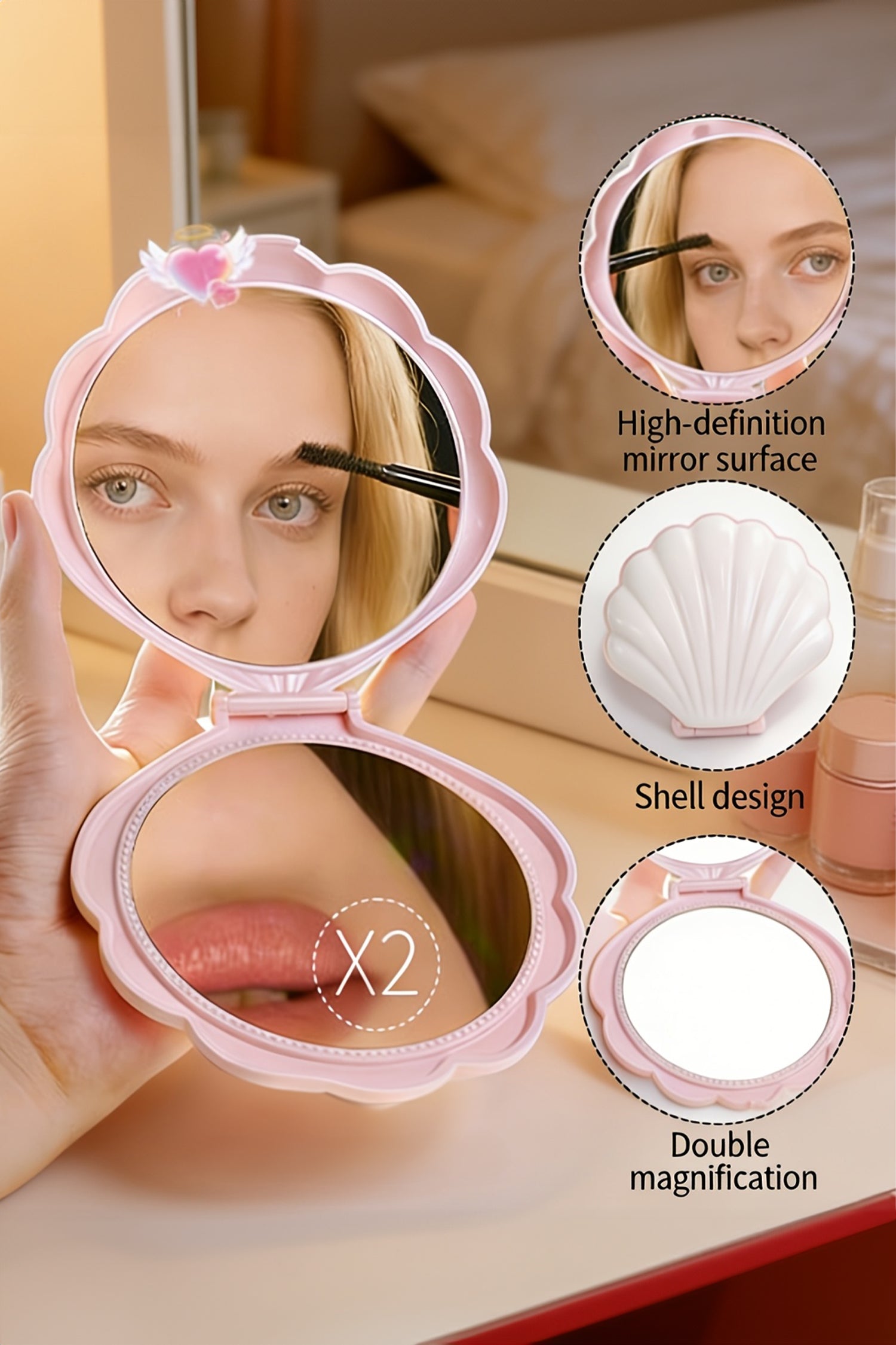Pink Seashell Mermaid Core Double Sided Makeup Case Mirror