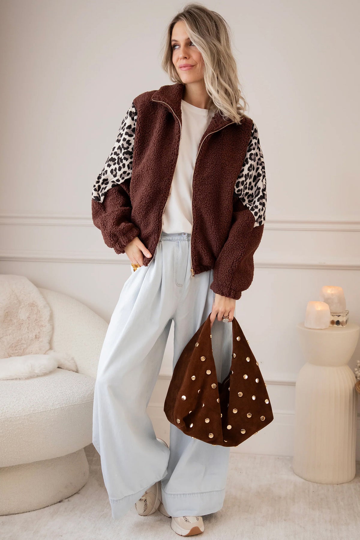 Coffee Leopard Patchwork Fleece Western Style Zip-up Collar Jacket