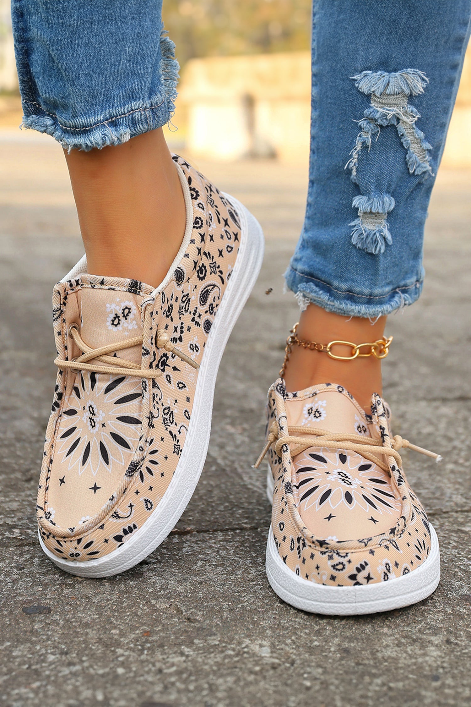 Khaki Boho Floral Print Lace-up Detail Canvas Flat Shoes