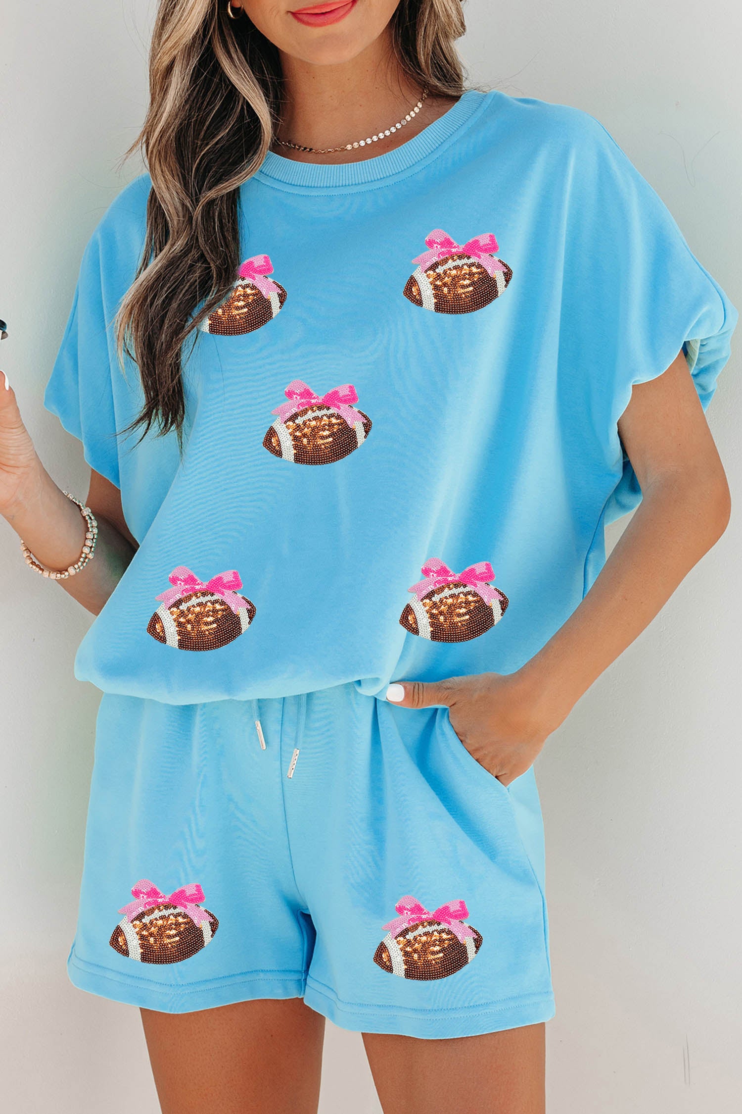 Light Blue Sequin Bow Rugby Pattern Short Sleeve Loose Two Piece Set
