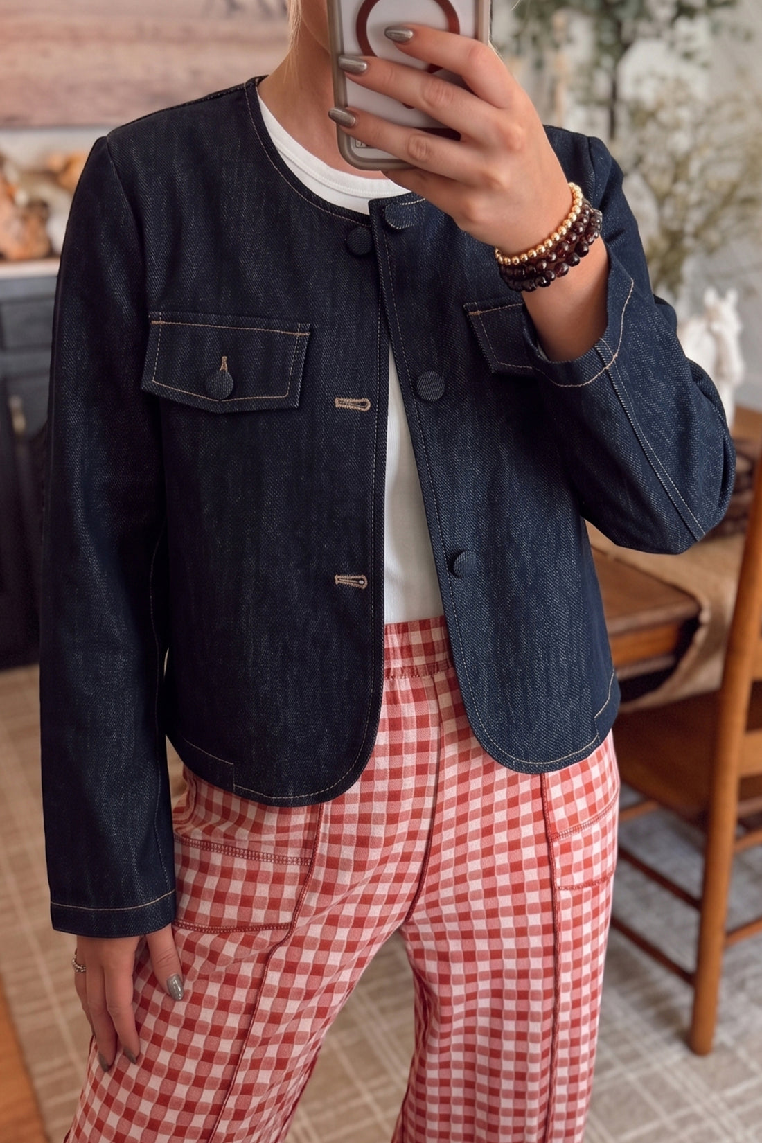 Dirty blue Casual Round Neck Button Front Denim Jacket