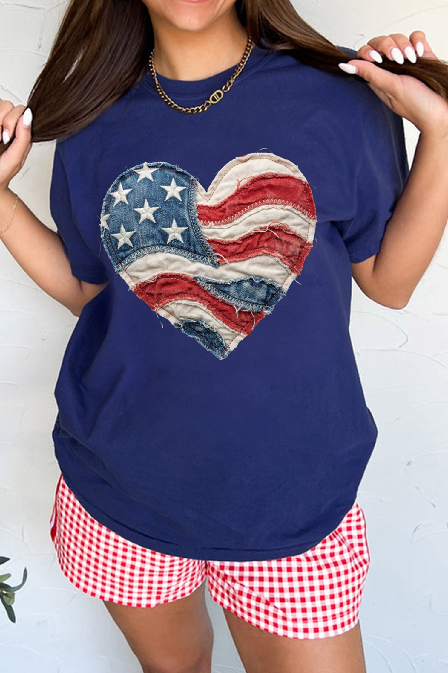 Blue Patriotic Denim Heart Graphic T-Shirt
