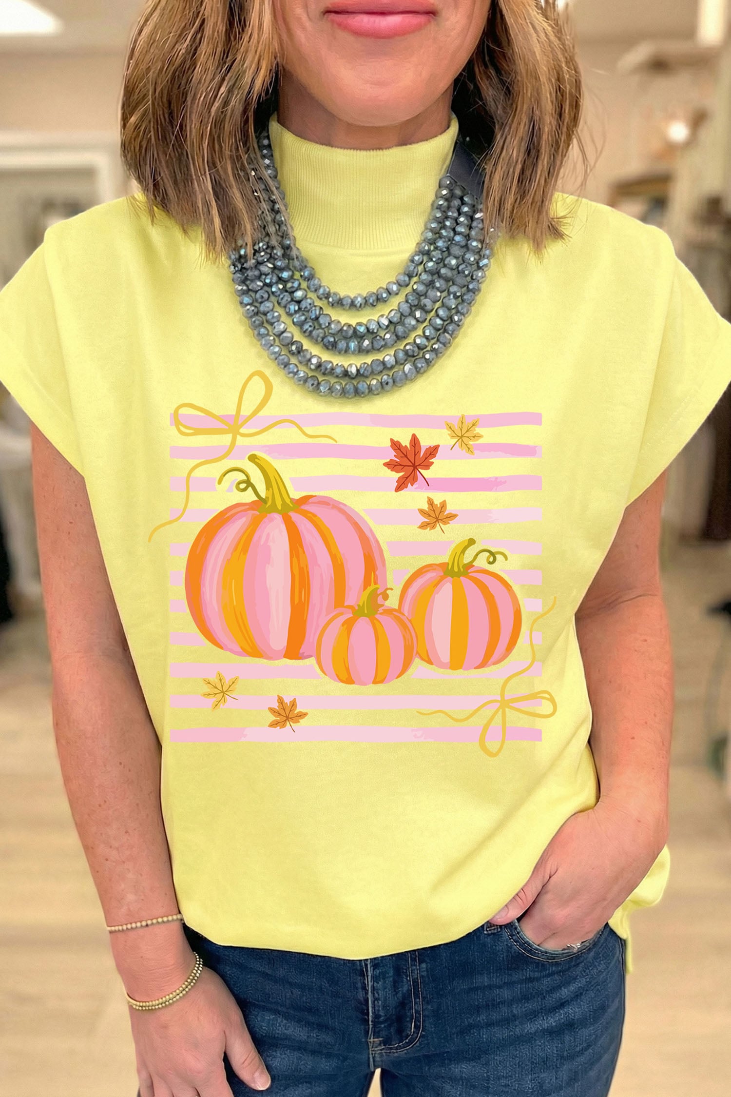 Yellow Pumpkin Striped Print High Neck Cap Sleeve Top