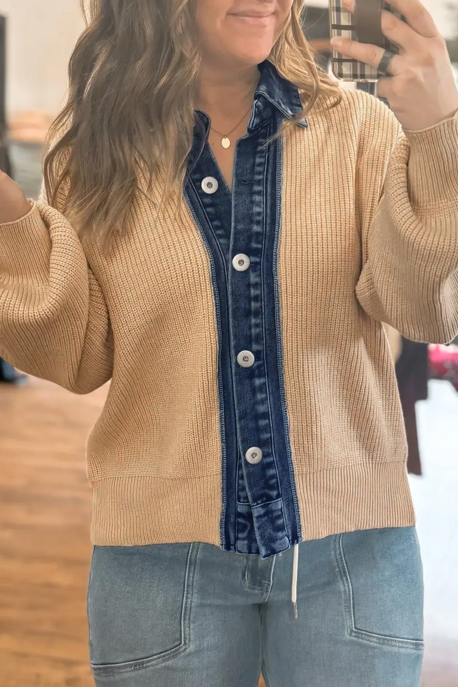 Parchment Drop Shoulder Placket Paneling Shirt Collar Long Sleeve Cardigan