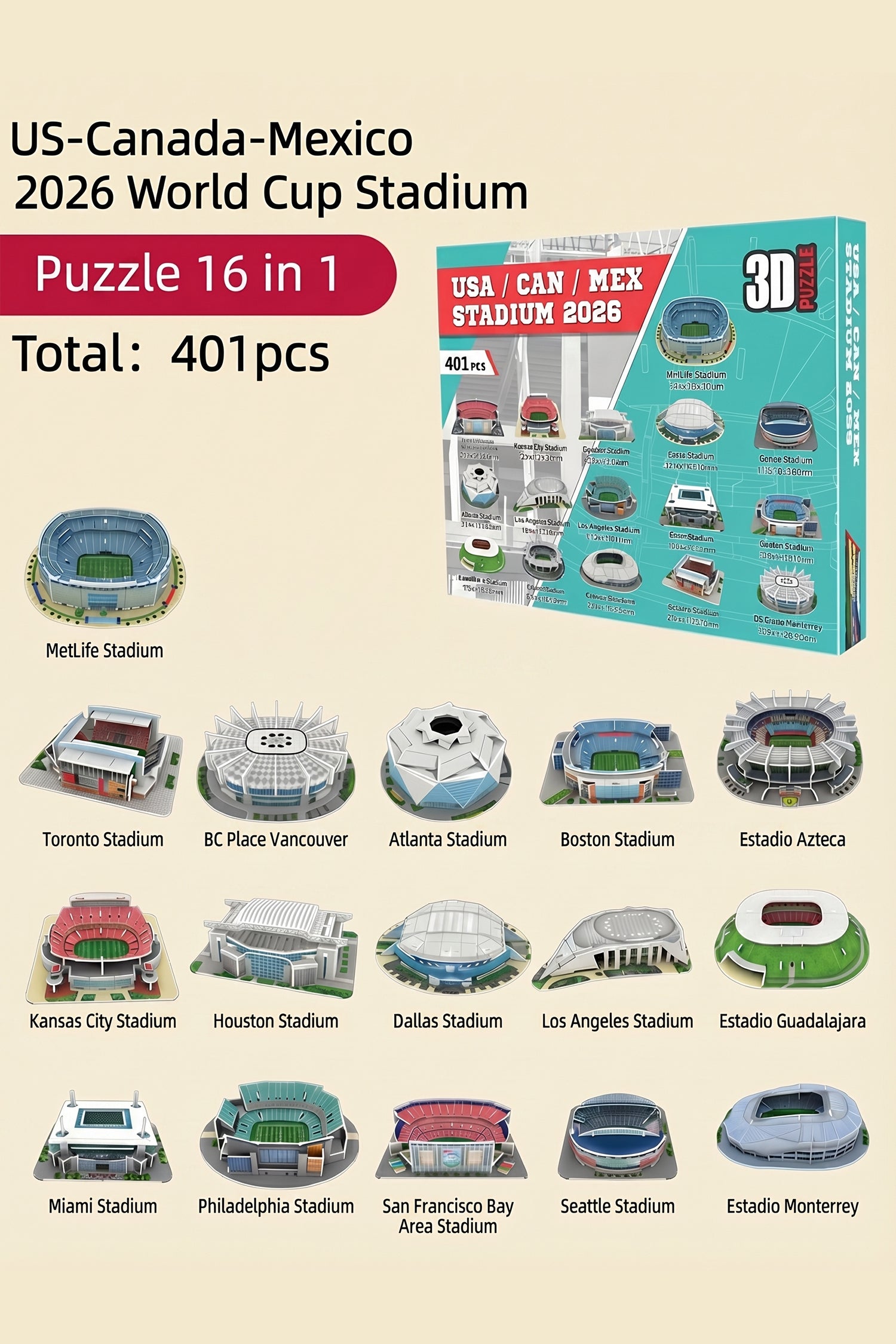 White 16-in-1 US-Canada-Mexico World Cup 3D Puzzle Stadium Set