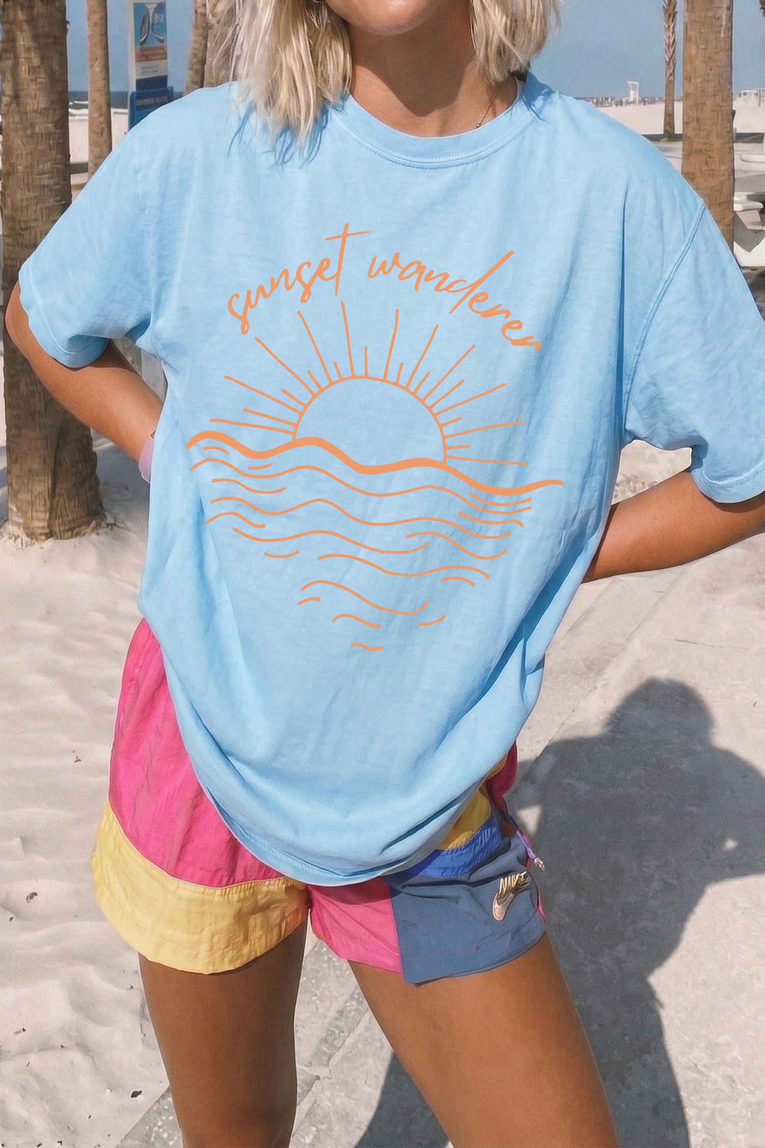 Light Blue Sunset Wanderer Loose Fit Graphic Tee