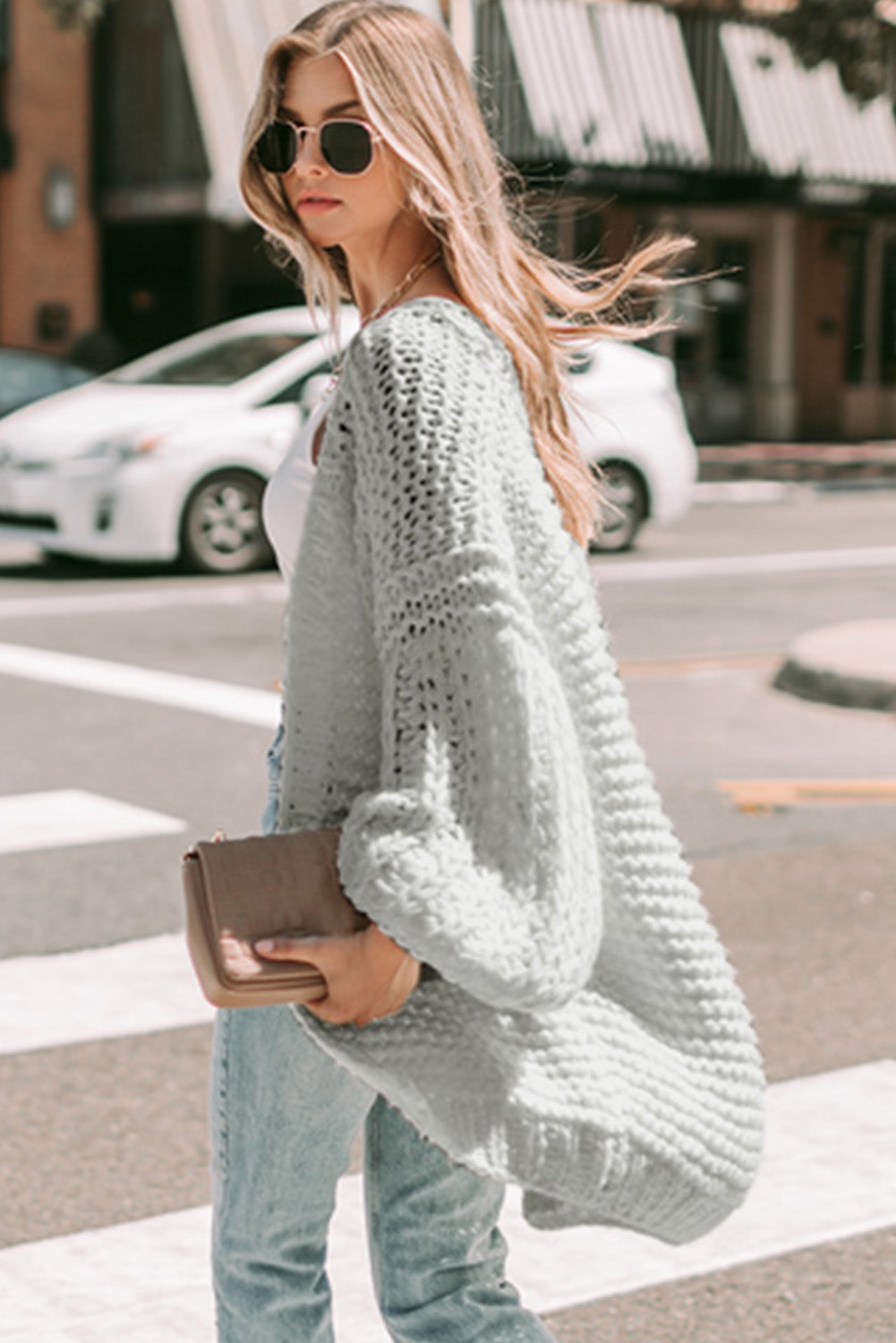 Gray Chunky Oversize Knit Drop Shoulder Puff Sleeve Cardigan
