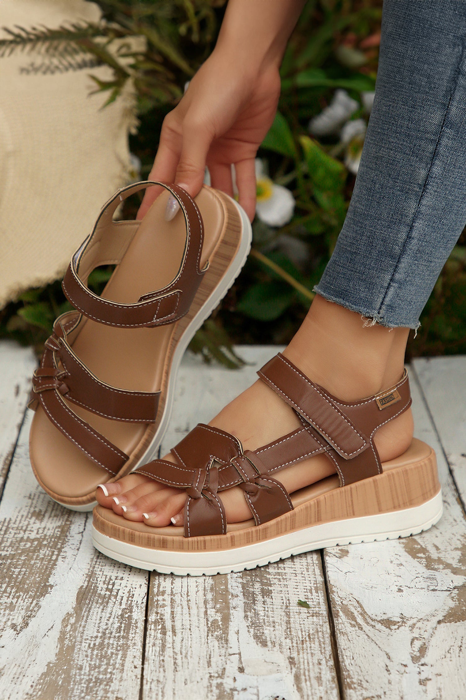 Coffee Low Cut PU Leather Slip-on TPR Sole Casual Sandals