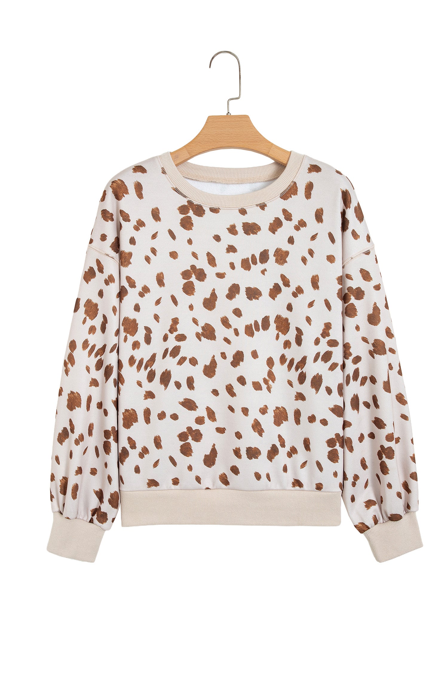 Brown Leopard Print Dropped Shoulder Round Neck Casual Sweatshirt