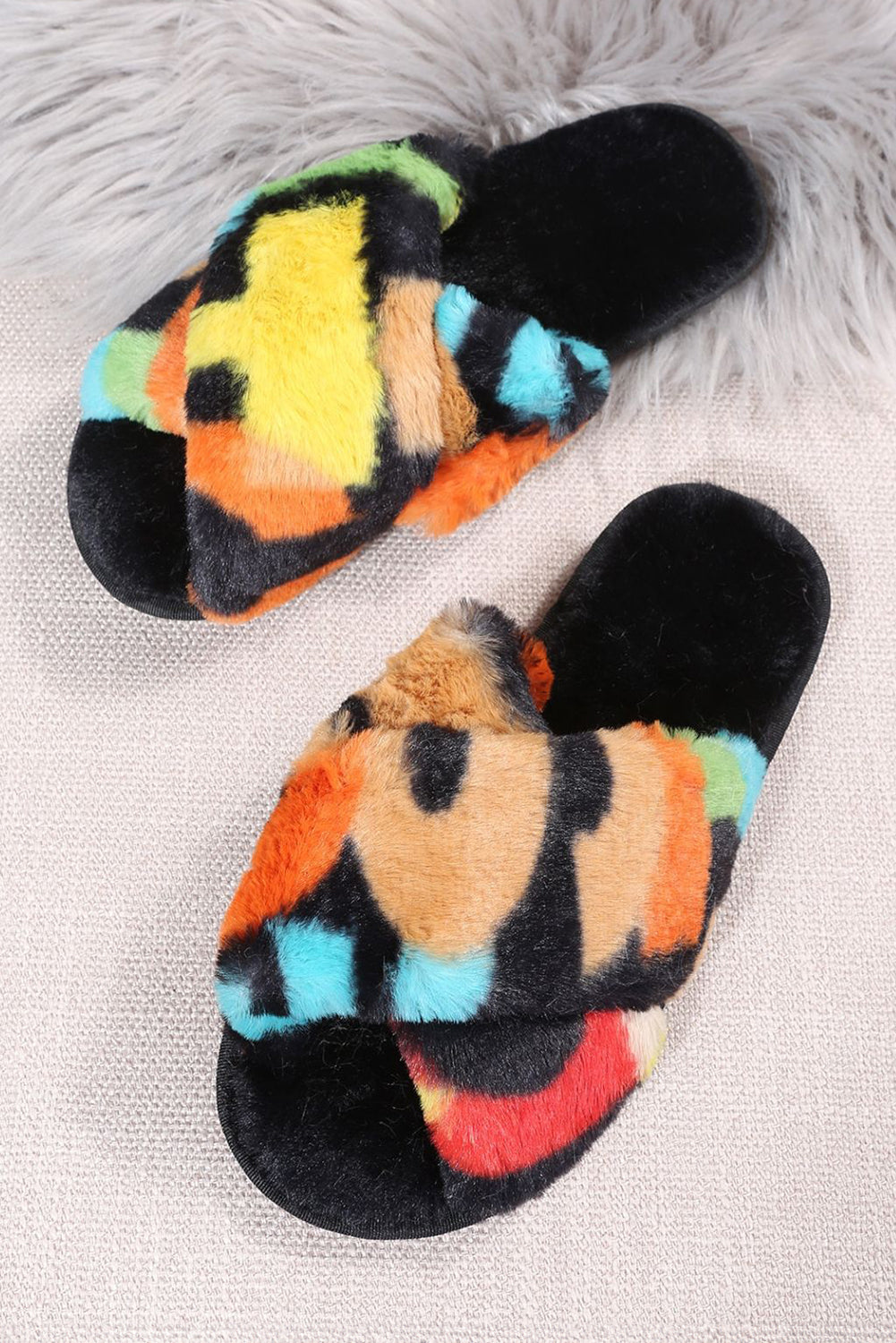 Black Plush Color Block Cross Strap Home Slippers
