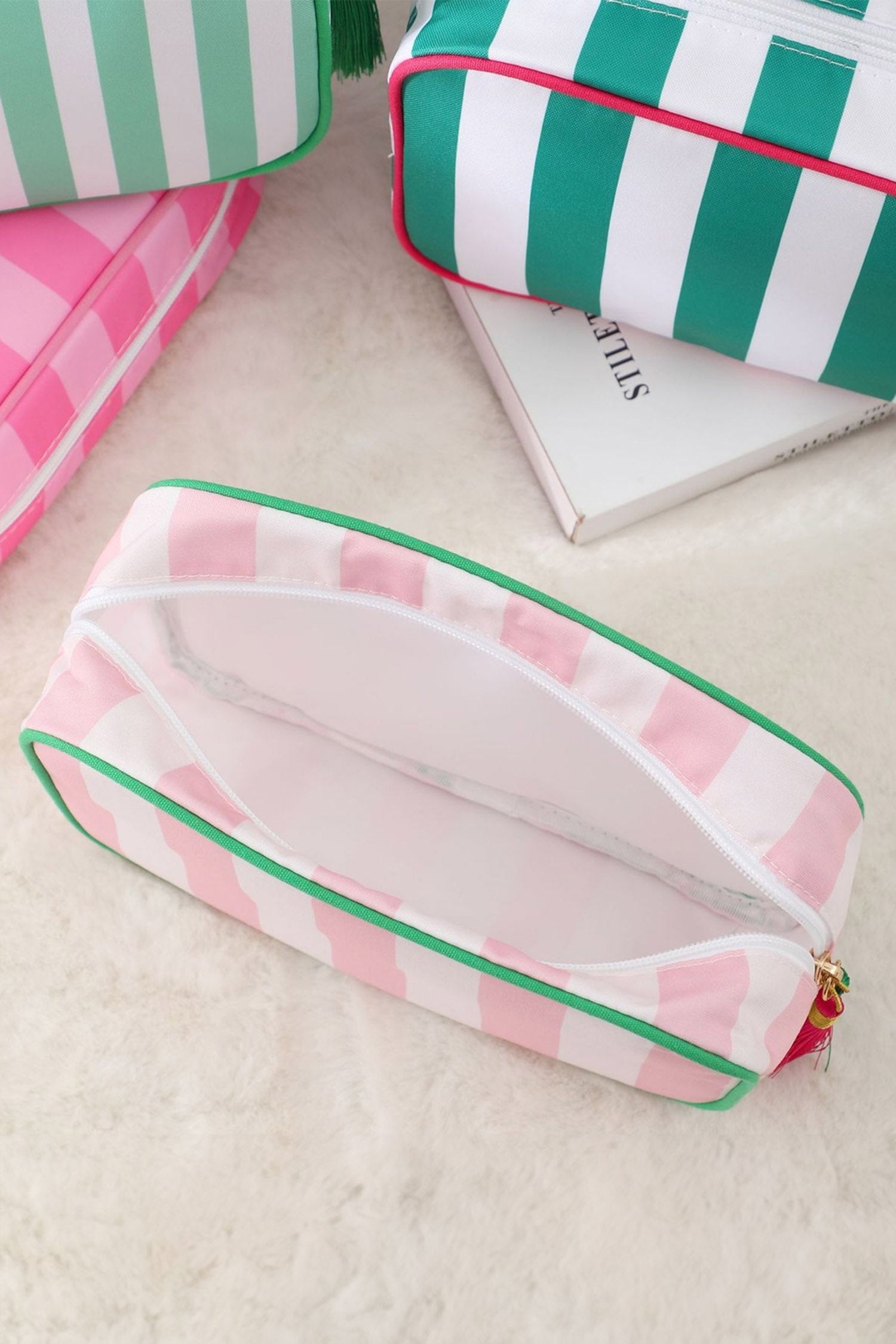 Pink Striped Print Tassel Zipper PU Large Cosmetic Bag