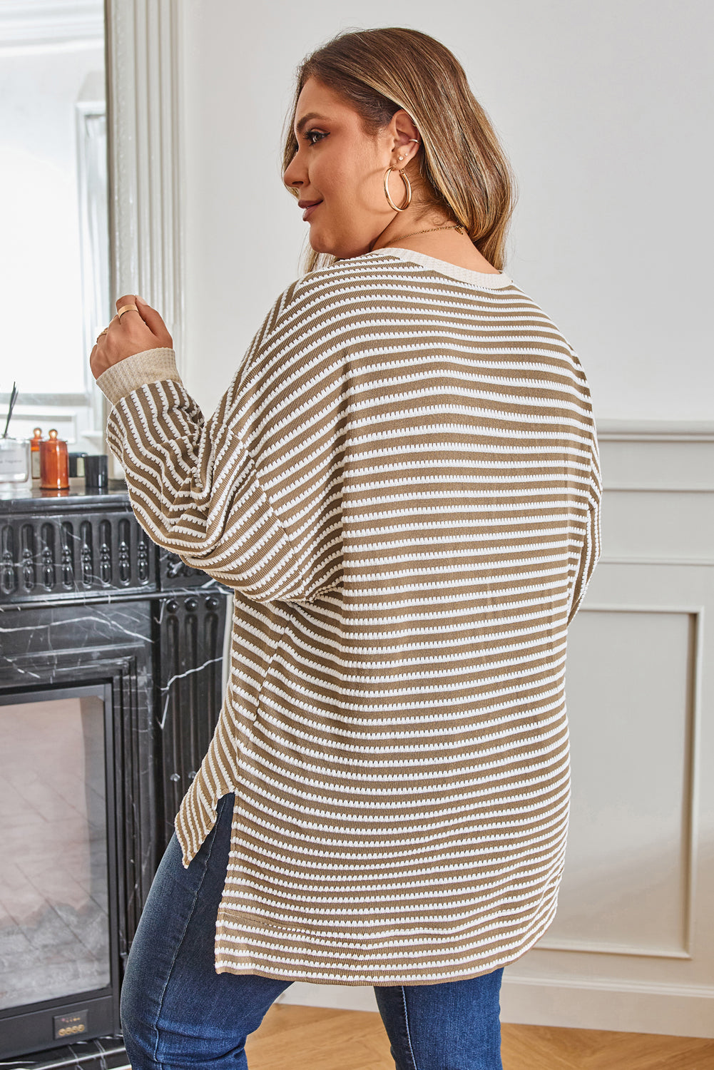 Khaki Stripe Textured Dolman Sleeve High Low Plus Size Top