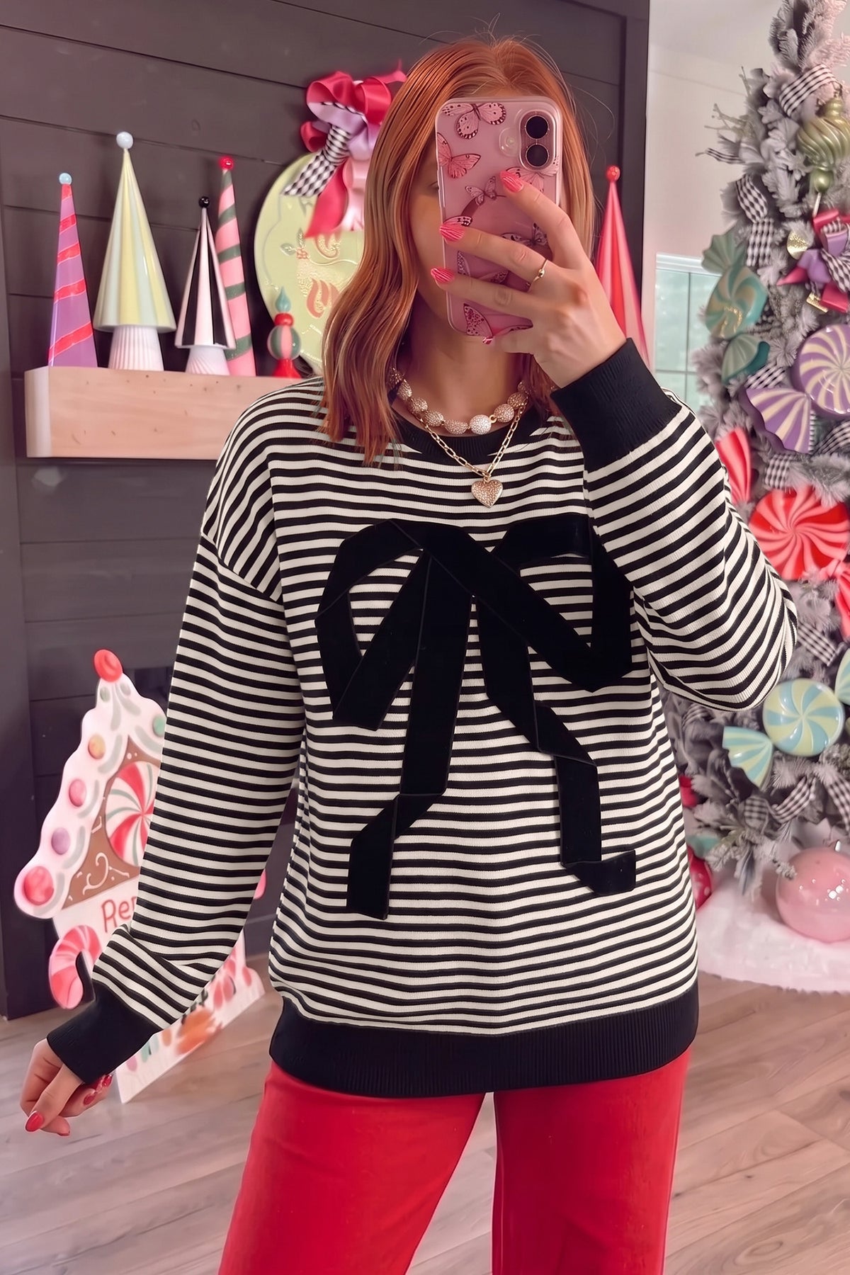 Black Stripe Velvet Bow Pattern Dropped Shoulder Loose Sweatshirt