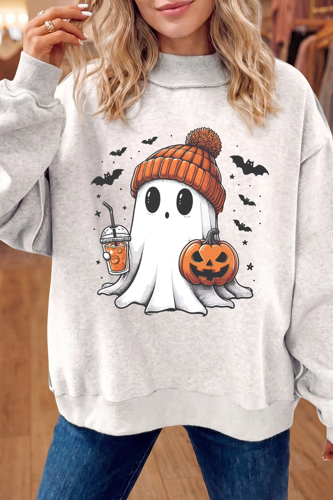Light Grey Sequin Pumpkin Face Print Mock Neck Tunic Sweatshirt
