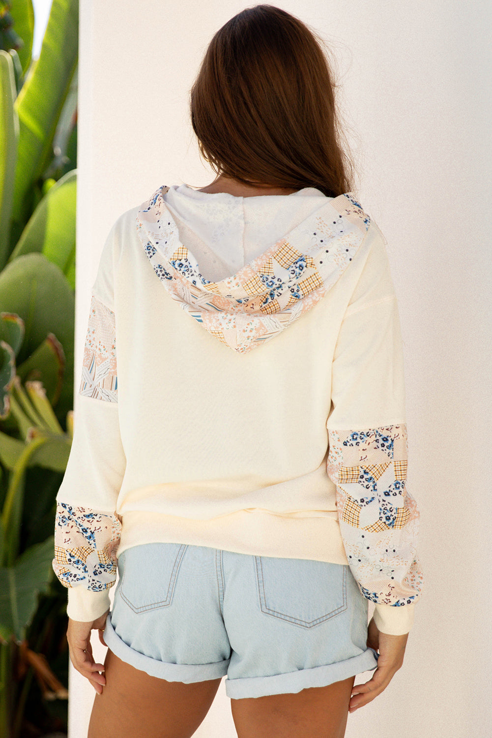 Beige Western Geo Pattern Patchwork Hoodie with Kangaroo Pocket