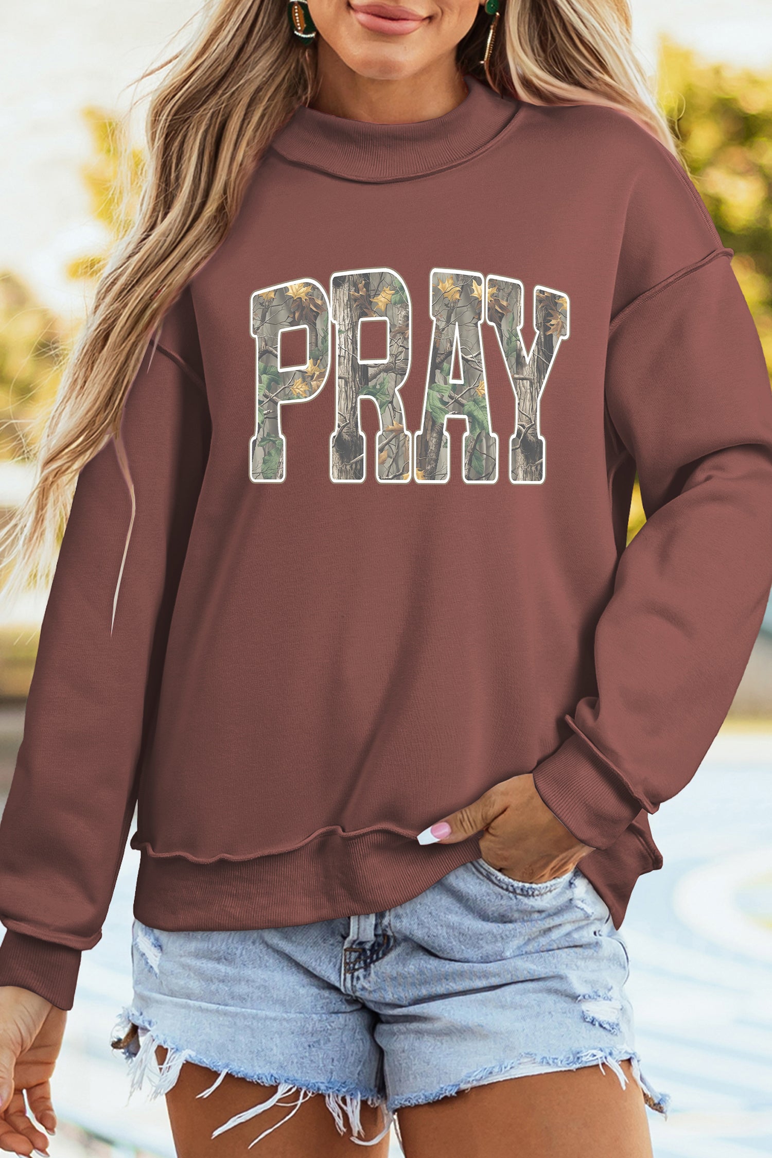 Coffee Mock Neck Camo PRAY Graphic Sweatshirt