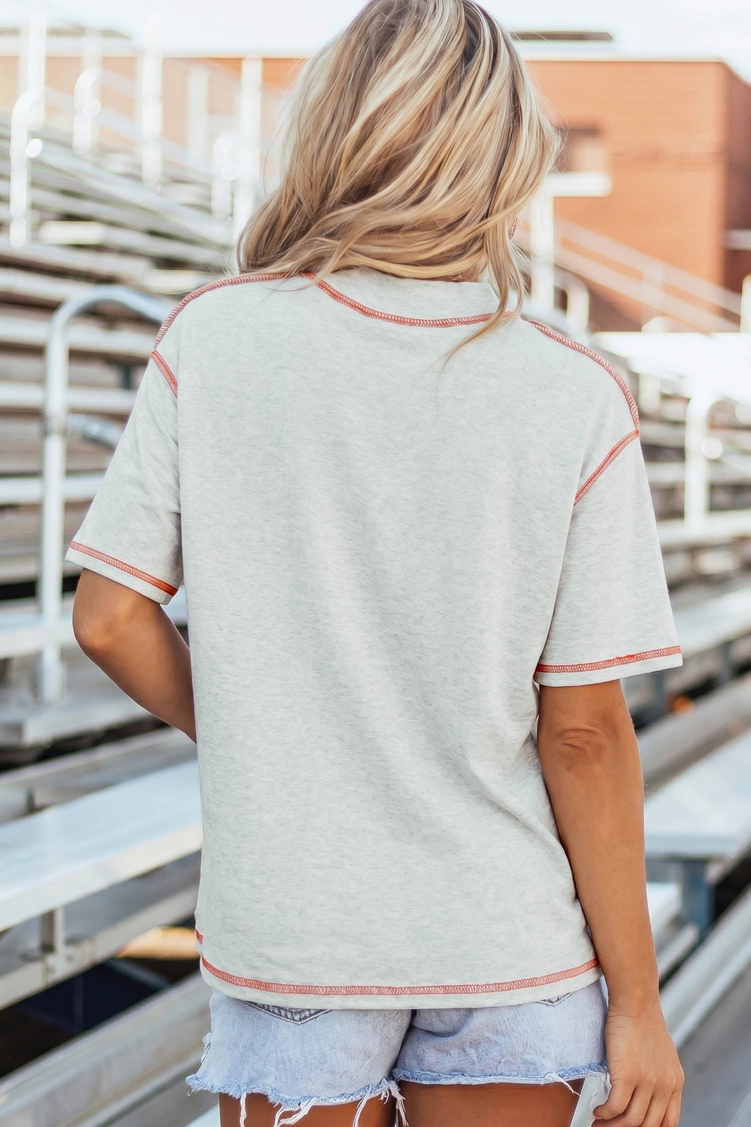 Light Grey Chenille Game Day Graphic Contrast Trim Mock Neck Loose Tee