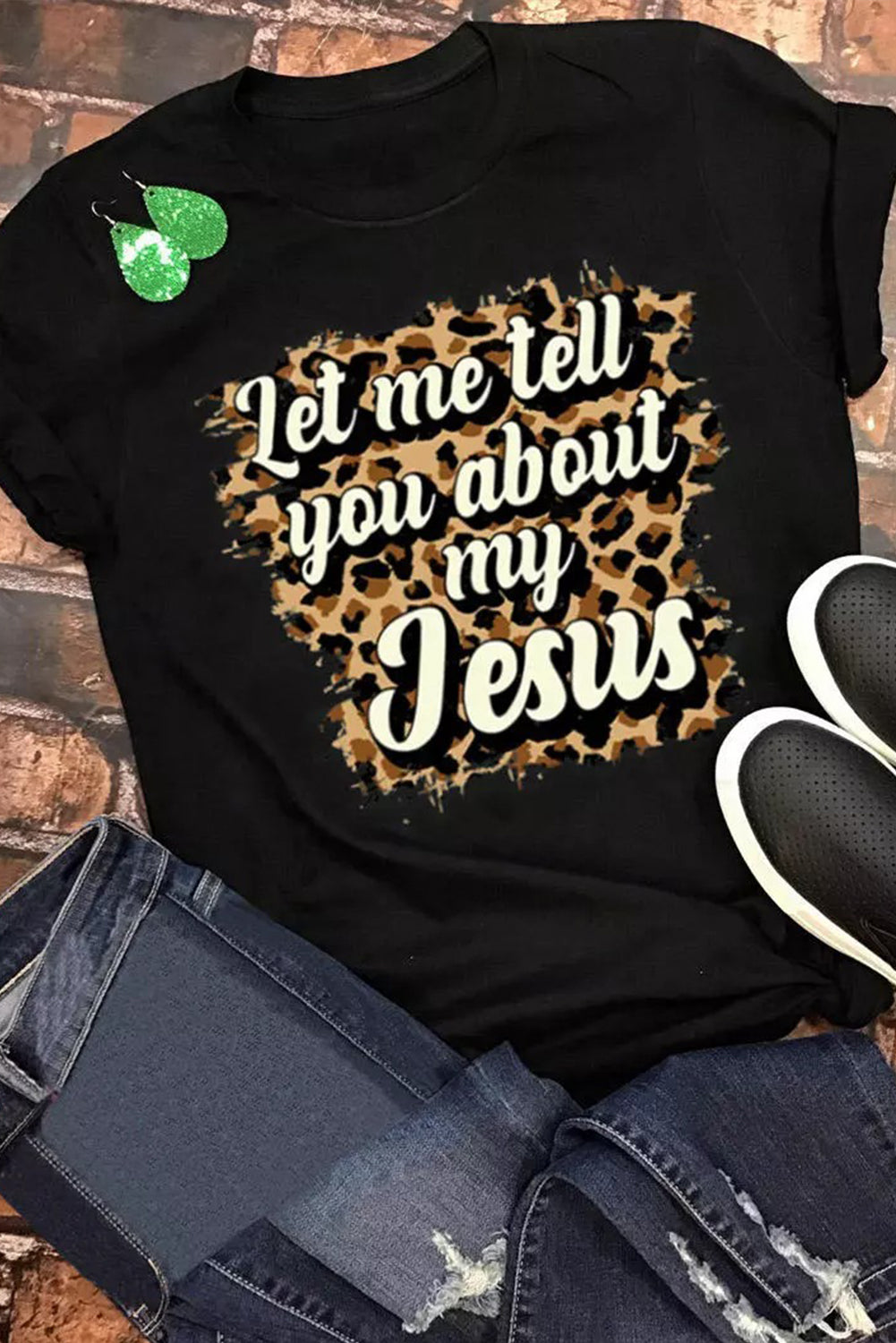 Black Let Me Tell You About My Jesus Leopard Graphic Tee