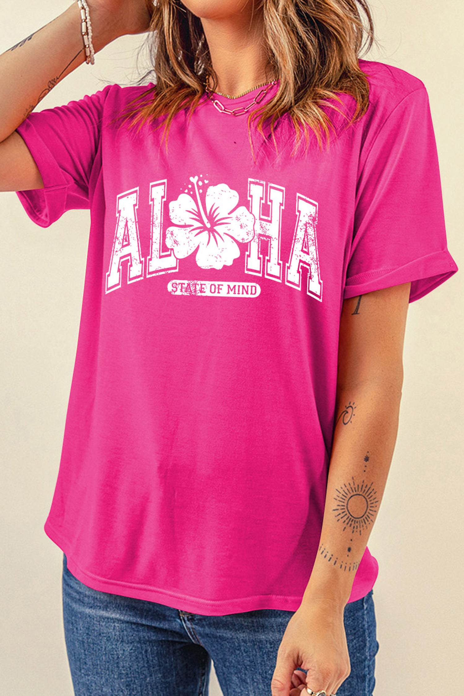 Rose Red ALOHA STATE OF MIND Flower Printed Tee