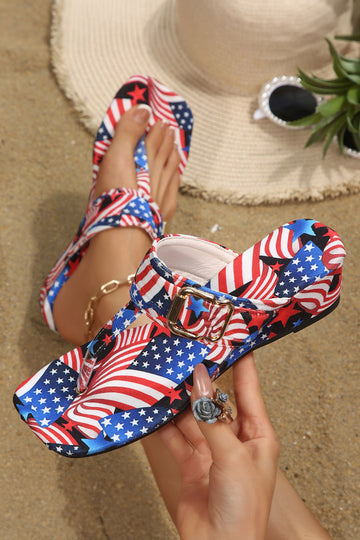 Fiery Red 4.5cm Wedge Heel Patriotic Flag Print Casual Summer Flop Flops