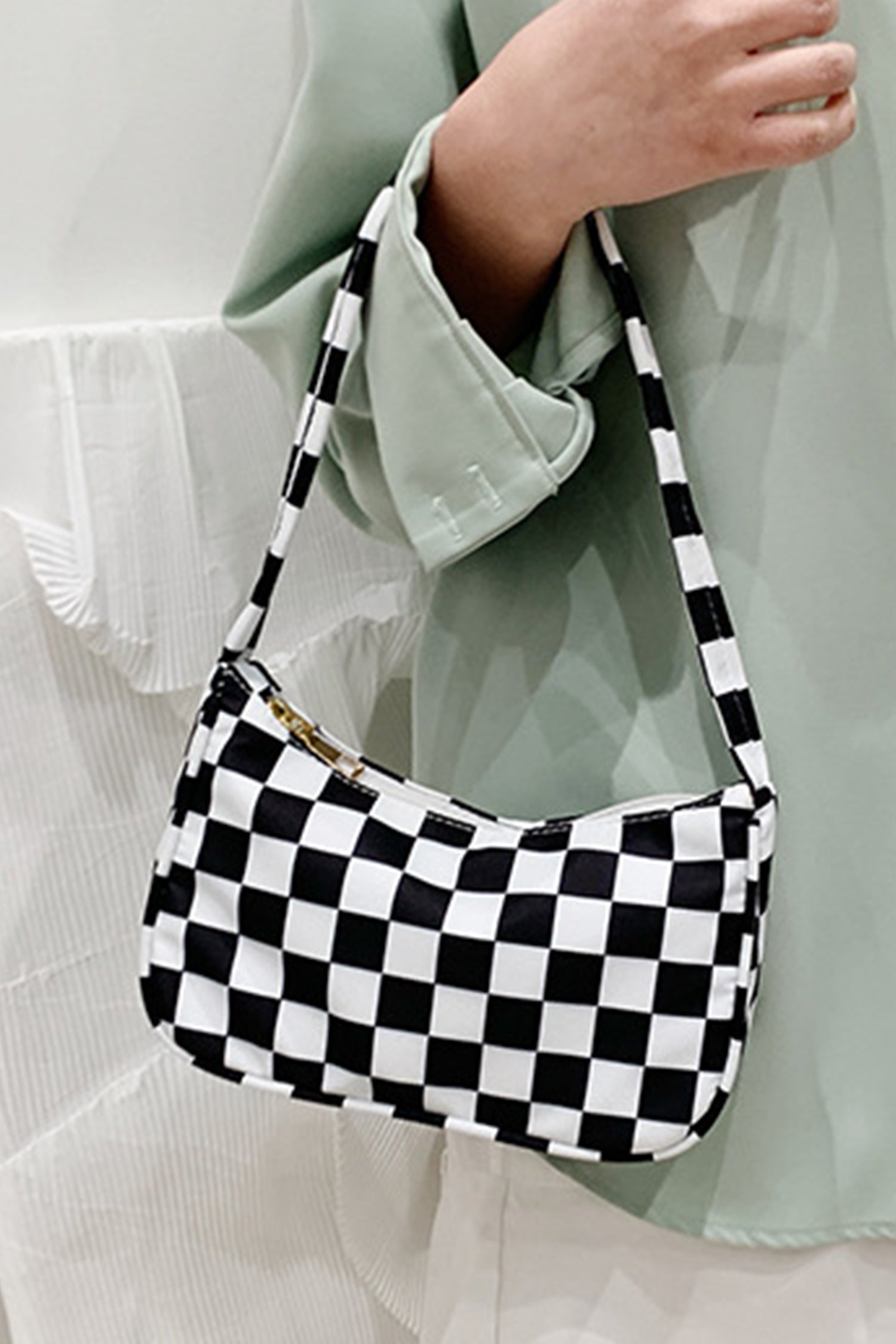 White Plaid Printed Minimalist Shoulder Bag